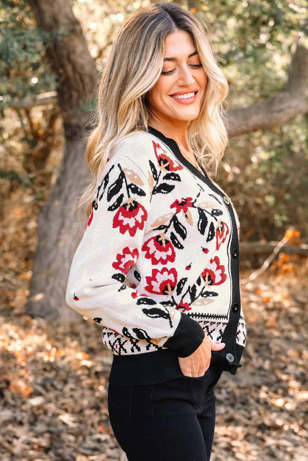 Beige Floral Print Buttoned Front V Neck Knit Cardigan-Sweaters & Cardigans/Cardigans-[Adult]-[Female]-2022 Online Blue Zone Planet