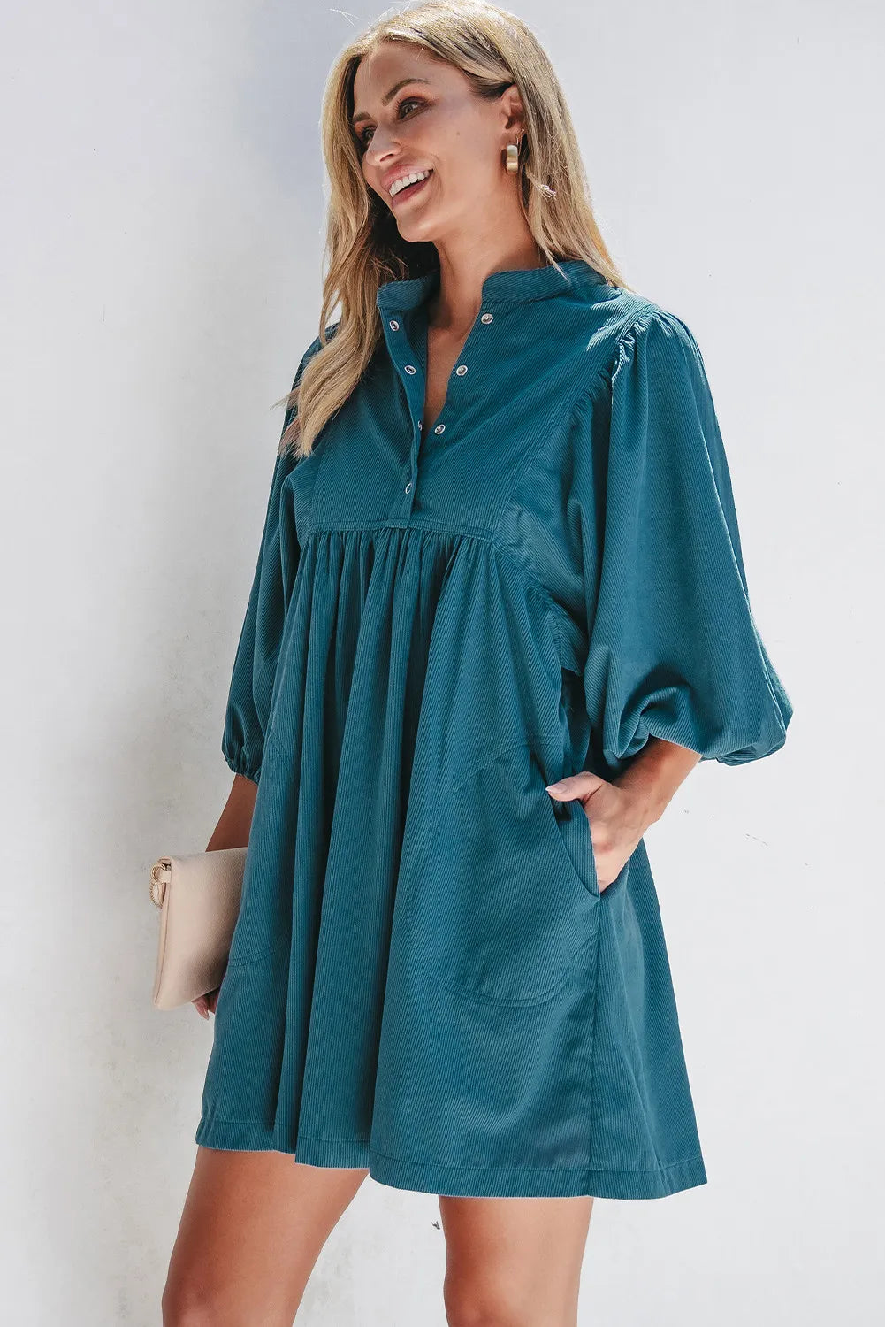 Quarter Snap Three-Quarter Sleeve Dress with Pockets-TOPS / DRESSES-[Adult]-[Female]-2022 Online Blue Zone Planet