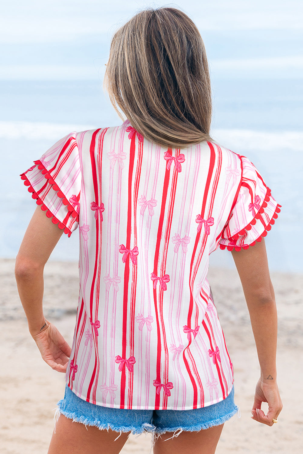 Pink Ric-Rac Trim Ruffled Sleeve V Neck Bow Striped Printed Blouse-Tops/Blouses & Shirts-[Adult]-[Female]-2022 Online Blue Zone Planet