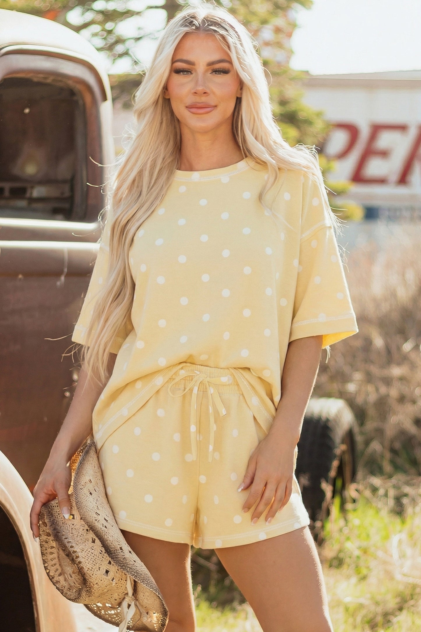 White Exposed Seam Detail Polka Dot Loose Tee Drawstring Shorts Set-Two Piece Sets/Short Sets-[Adult]-[Female]-2022 Online Blue Zone Planet