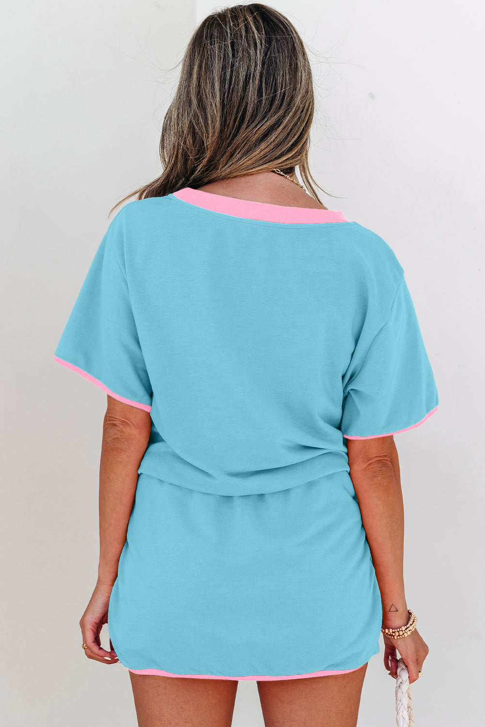 Turquoise Colorblock Edge Drop Shoulder T Shirt and Skirt 2Pcs Set-Two Piece Sets/Two Piece Dresses-[Adult]-[Female]-2022 Online Blue Zone Planet