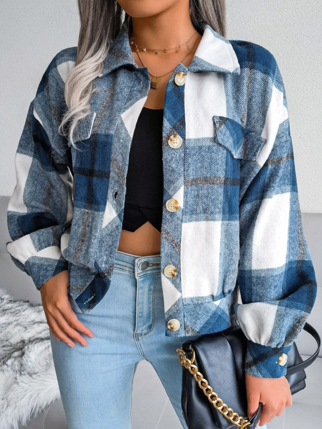 Plaid Collared Neck Long Sleeve Jacket-TOPS / DRESSES-[Adult]-[Female]-2022 Online Blue Zone Planet