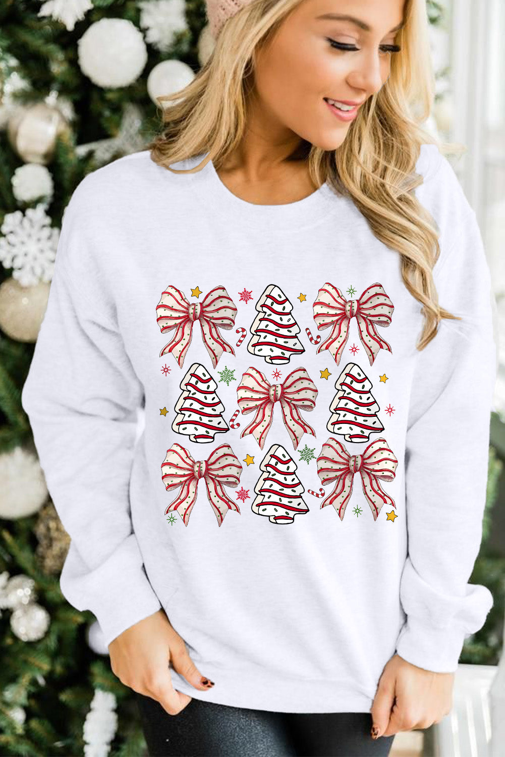 Blue Zone Planet | White Christmas Tree Bowknot Heat Transfer Graphic Sweatshirt-Graphic Sweatshirts-[Adult]-[Female]-2022 Online Blue Zone Planet