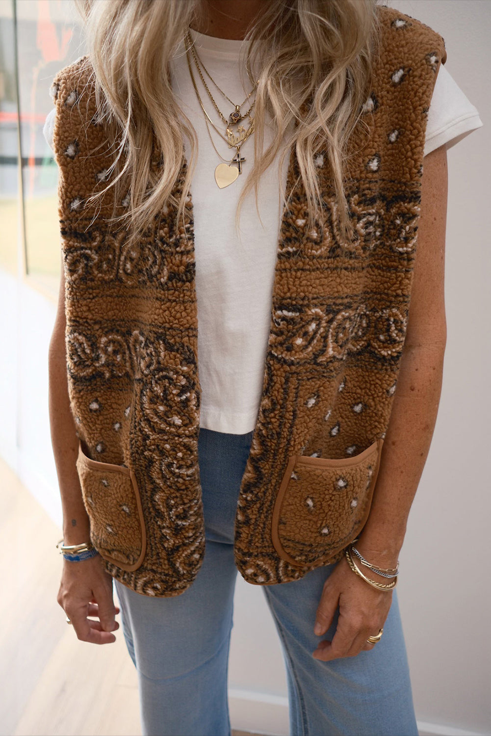 Brown Sherpa Paisley Print Pocketed Western Fashion Vest Jacket-TOPS / DRESSES-[Adult]-[Female]-Brown-S-2022 Online Blue Zone Planet