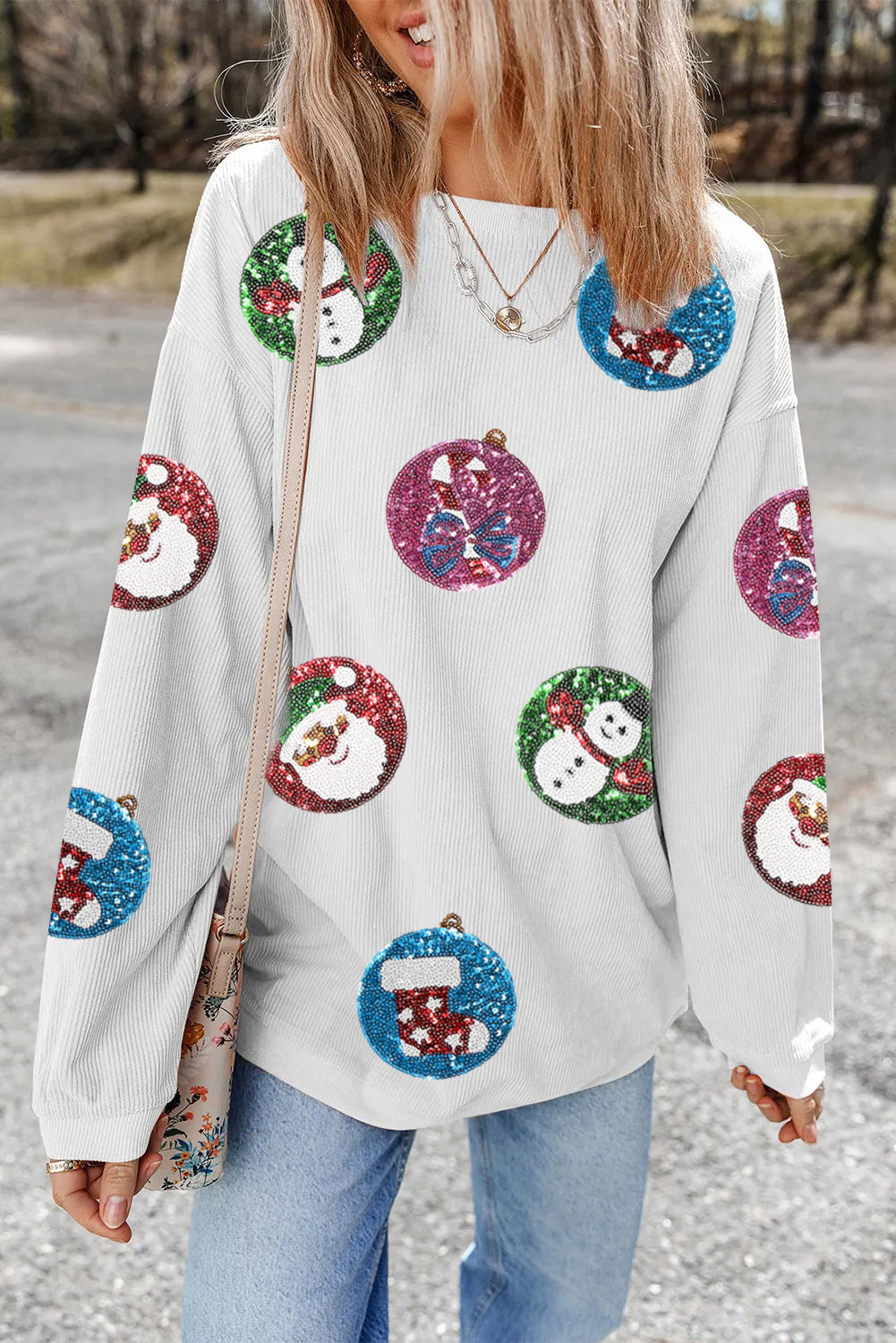 White Colorful Sequin Christmas Light Corded Baggy Sweatshirt-Graphic Sweatshirts-[Adult]-[Female]-2022 Online Blue Zone Planet