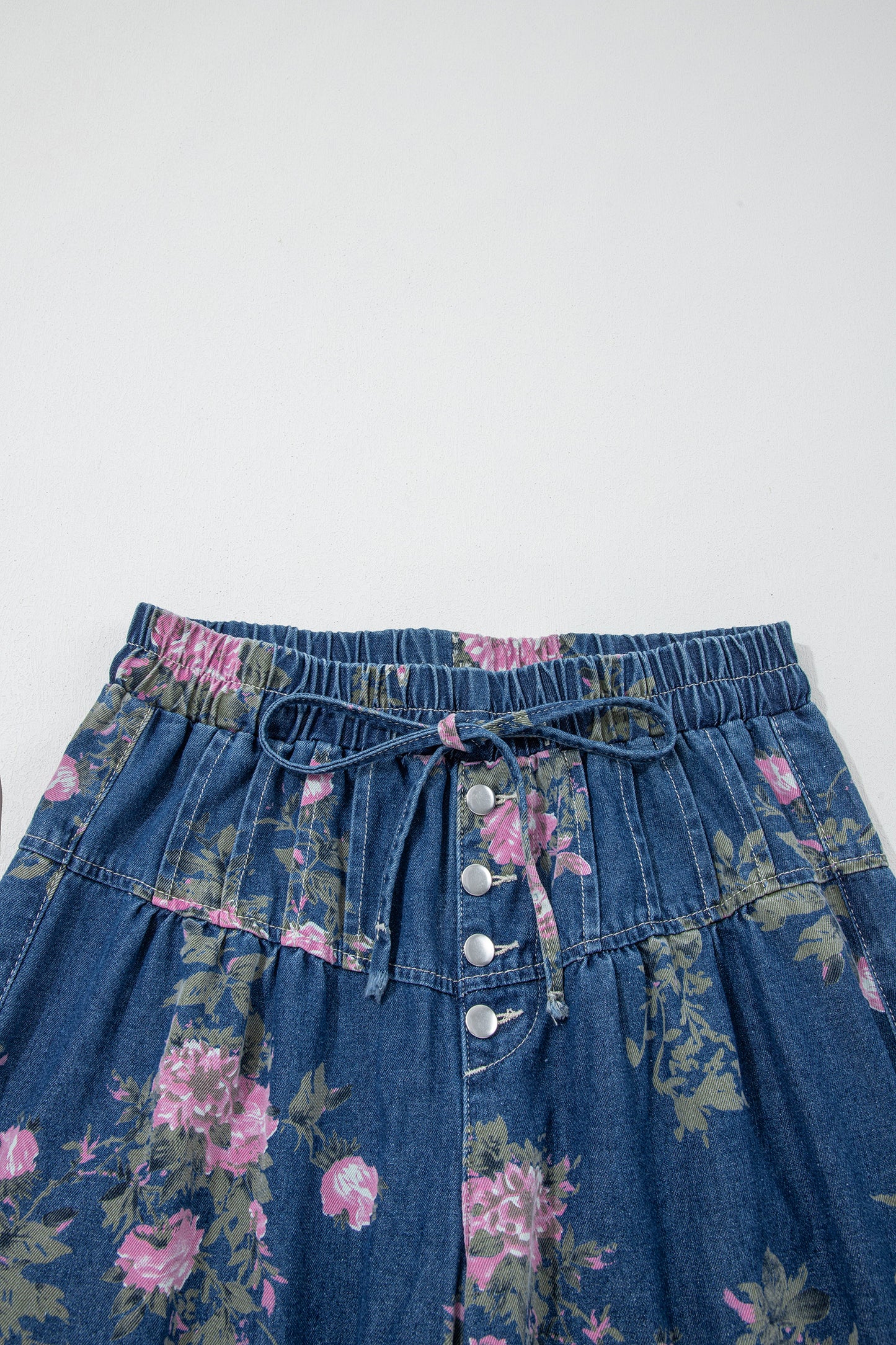 Blue Retro Floral Print Tie Elastic Waist Button Pintuck Wide Leg Jeans-Bottoms/Jeans-[Adult]-[Female]-2022 Online Blue Zone Planet