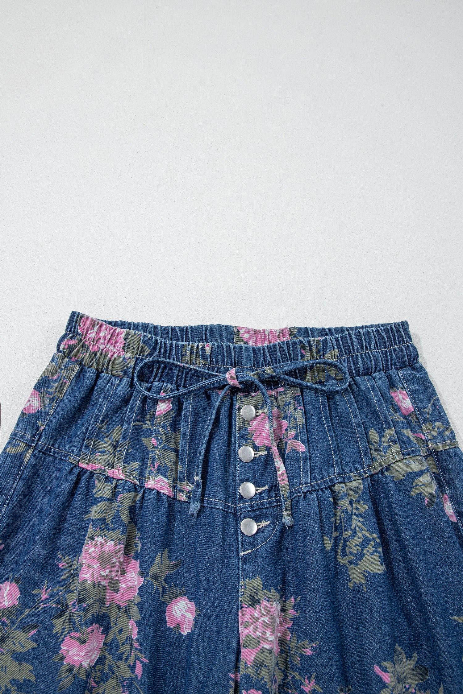 Blue Retro Floral Print Tie Elastic Waist Button Pintuck Wide Leg Jeans-Bottoms/Jeans-[Adult]-[Female]-2022 Online Blue Zone Planet