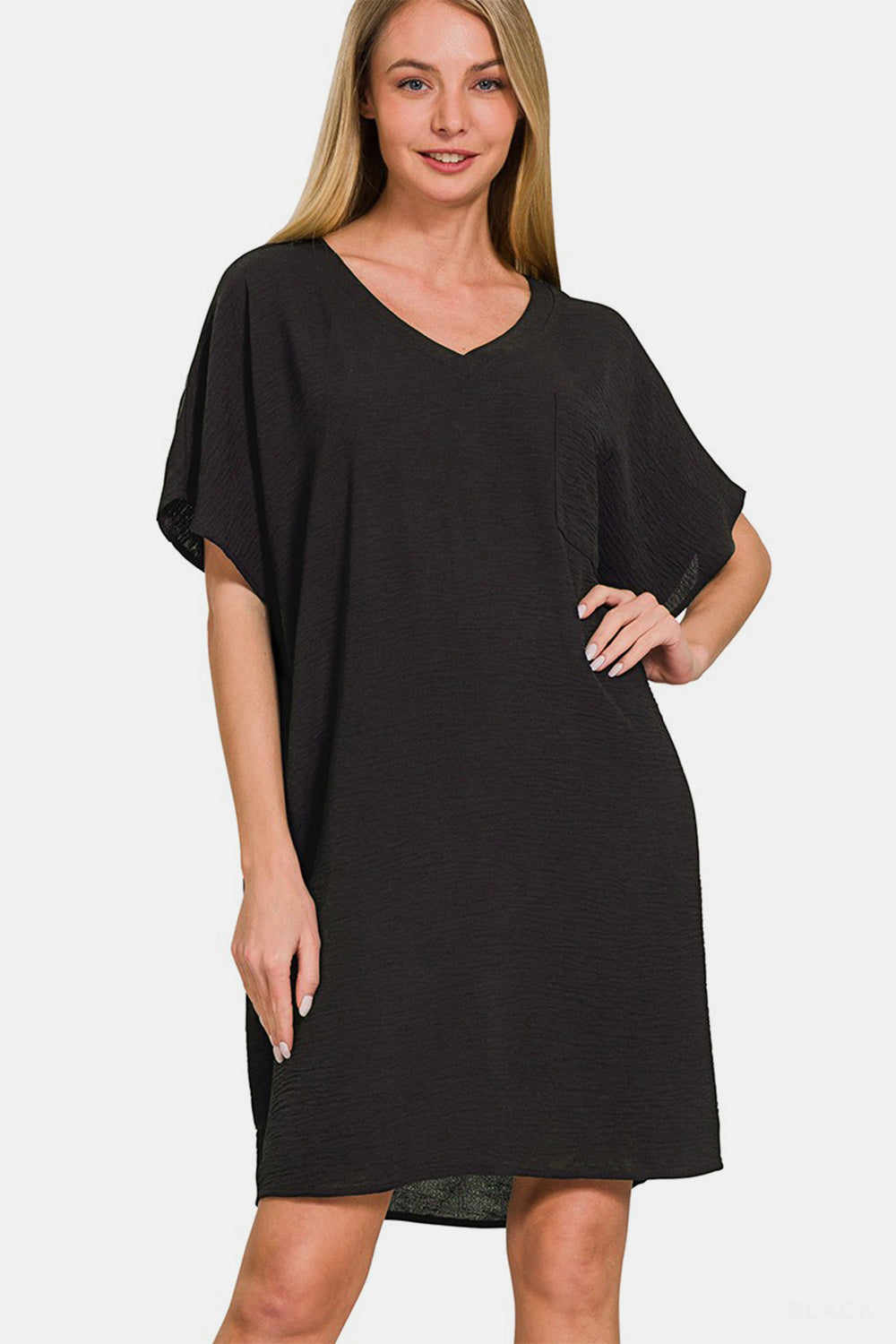 Zenana V-Neck Tee Dress with Pockets-TOPS / DRESSES-[Adult]-[Female]-Black-S-2022 Online Blue Zone Planet