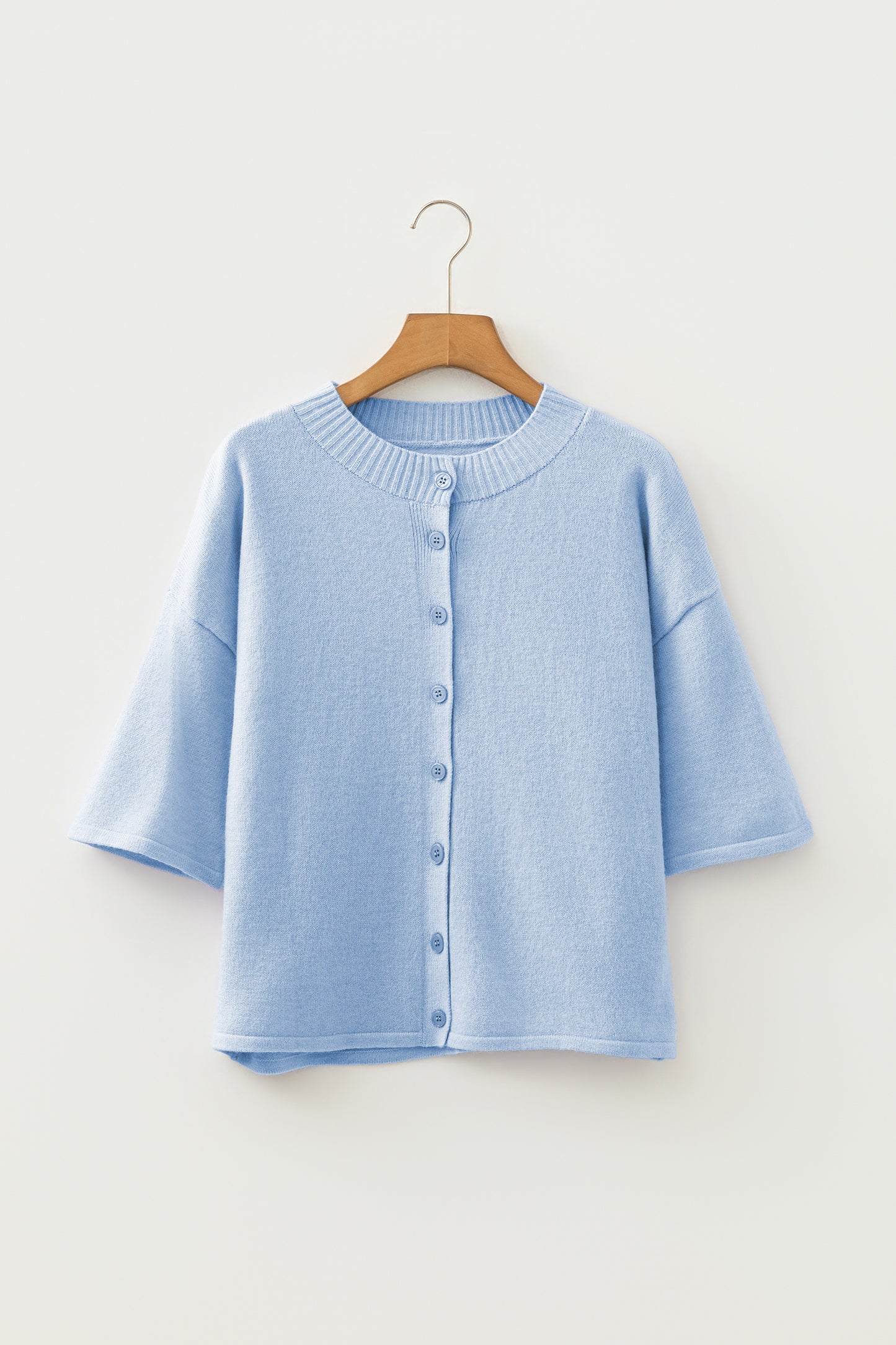 Beau Blue 3/4 Sleeve Boxy Knit Button Down Sweater Cardigan-TOPS / DRESSES-[Adult]-[Female]-2022 Online Blue Zone Planet