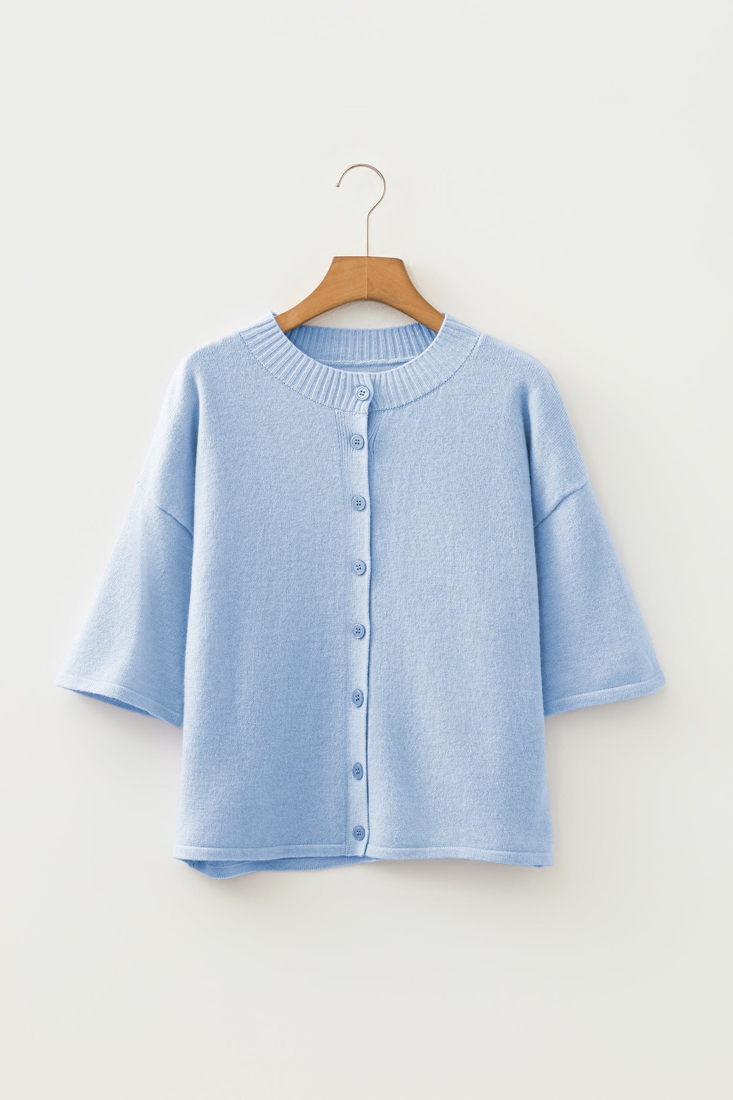 Beau Blue 3/4 Sleeve Boxy Knit Button Down Sweater Cardigan-TOPS / DRESSES-[Adult]-[Female]-2022 Online Blue Zone Planet