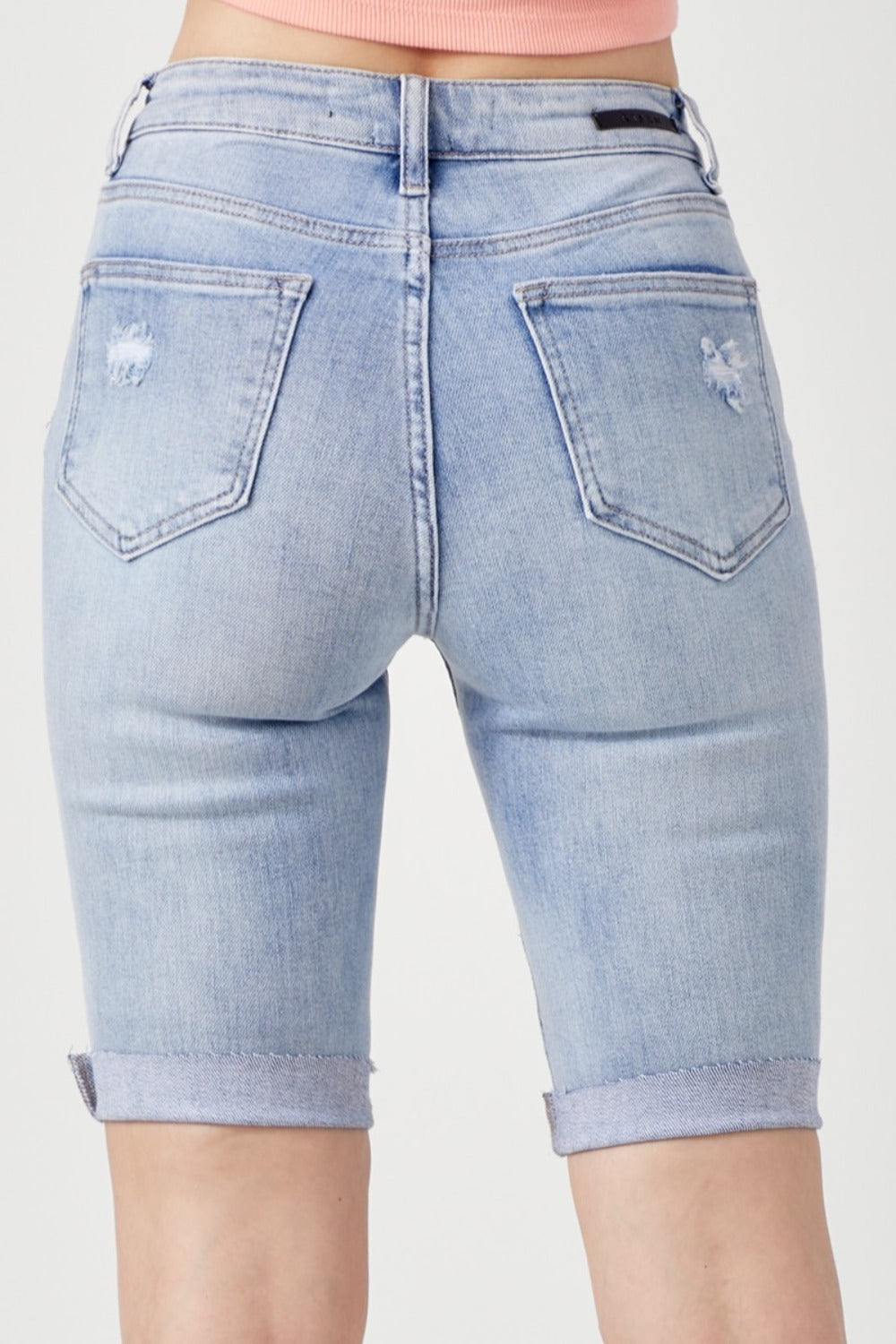 RISEN High Rise Distressed Denim Bermuda Shorts-BOTTOMS SIZES SMALL MEDIUM LARGE-[Adult]-[Female]-2022 Online Blue Zone Planet