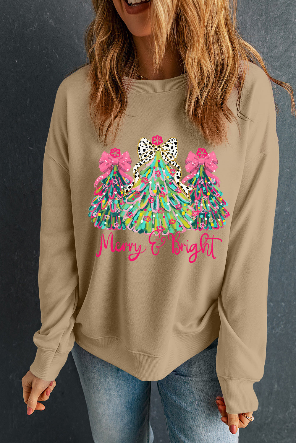 Khaki Merry & Bright Christmas Tree Print Pullover Sweatshirt-Graphic/Graphic Sweatshirts-[Adult]-[Female]-2022 Online Blue Zone Planet