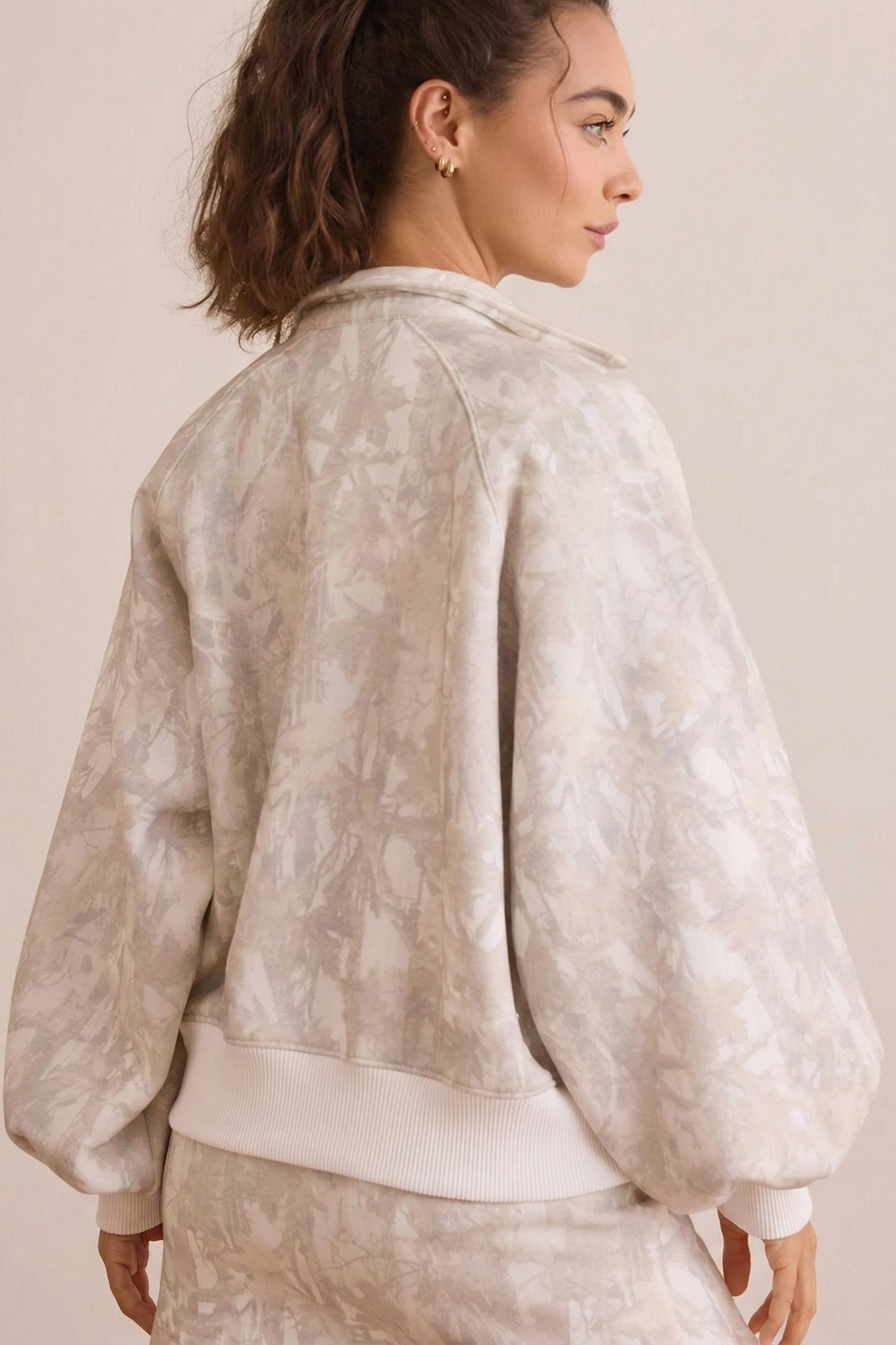 White Abstract Woodland Print Balloon Sleeve Pullover Drawstring Mini Skirt Set-Two Piece Sets/Two Piece Dresses-[Adult]-[Female]-2022 Online Blue Zone Planet