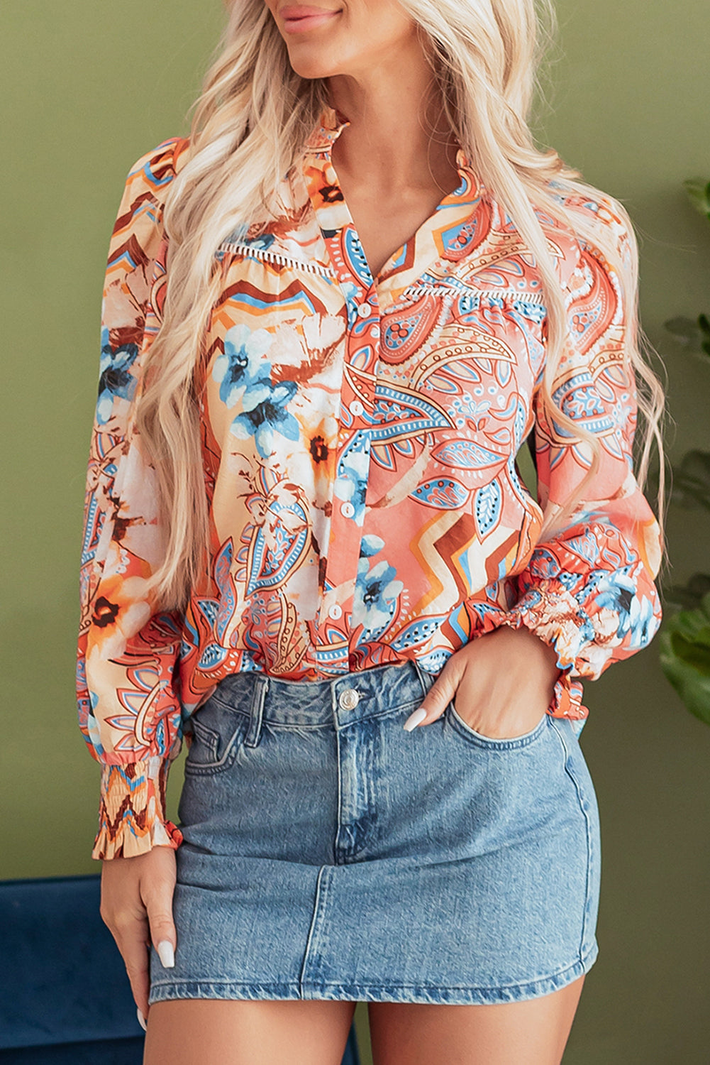 Blue Zone Planet | Orange Floral Print Shirred Cuff Buttoned Loose Shirt-Tops/Blouses & Shirts-[Adult]-[Female]-2022 Online Blue Zone Planet