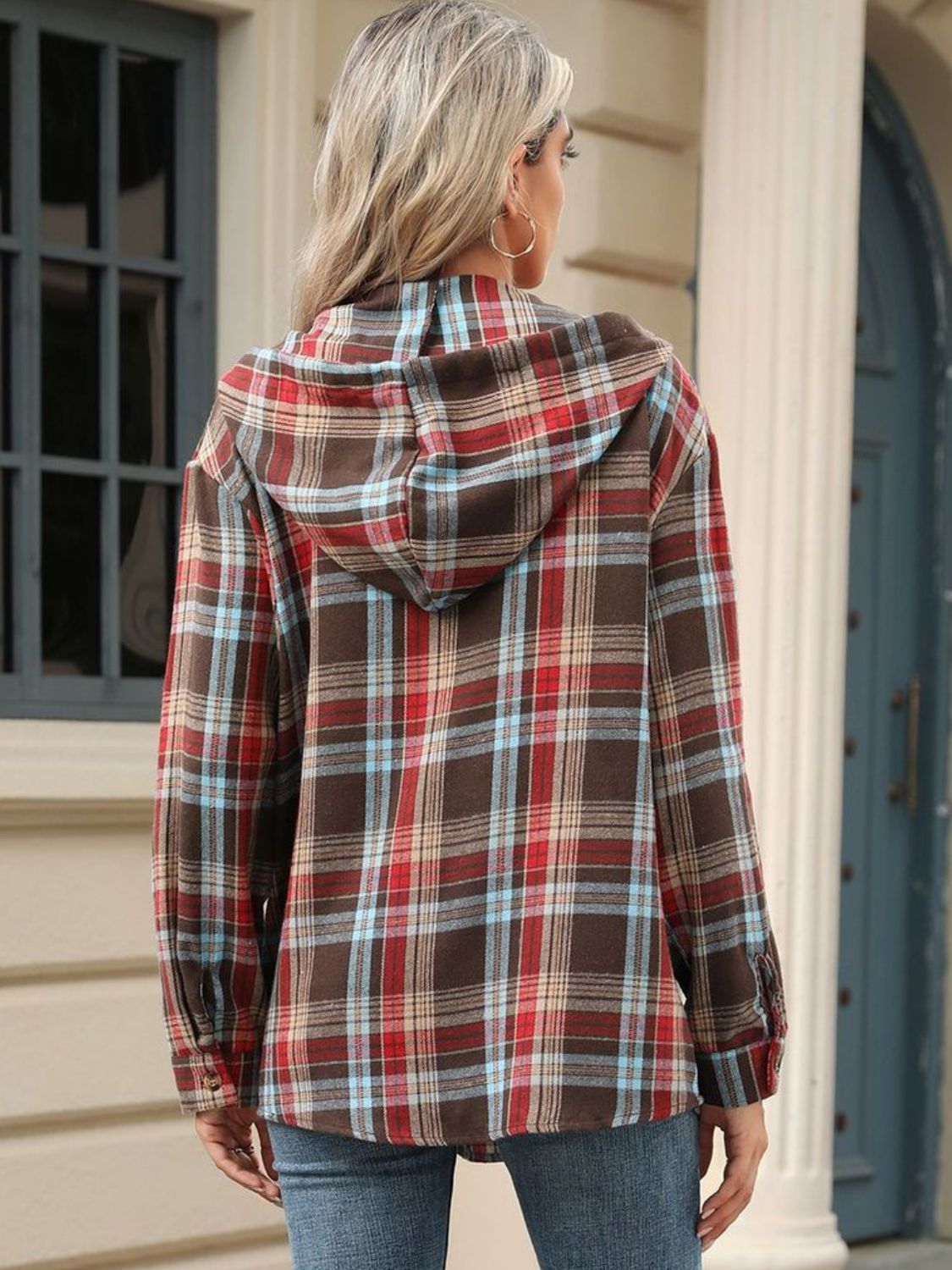 Blue Zone Planet | Drawstring Plaid Hooded Long Sleeve Top-TOPS / DRESSES-[Adult]-[Female]-2022 Online Blue Zone Planet