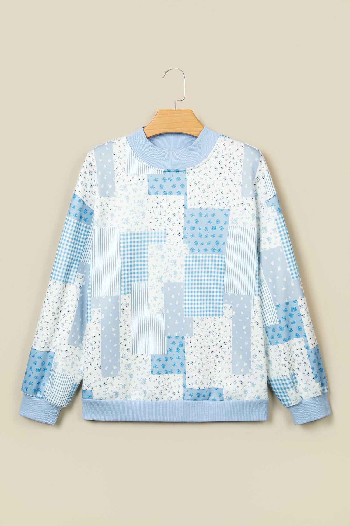 Sky Blue Patchwork Floral Print Mock Neck Long Sleeve Sweatshirt-Tops/Sweatshirts & Hoodies-[Adult]-[Female]-2022 Online Blue Zone Planet