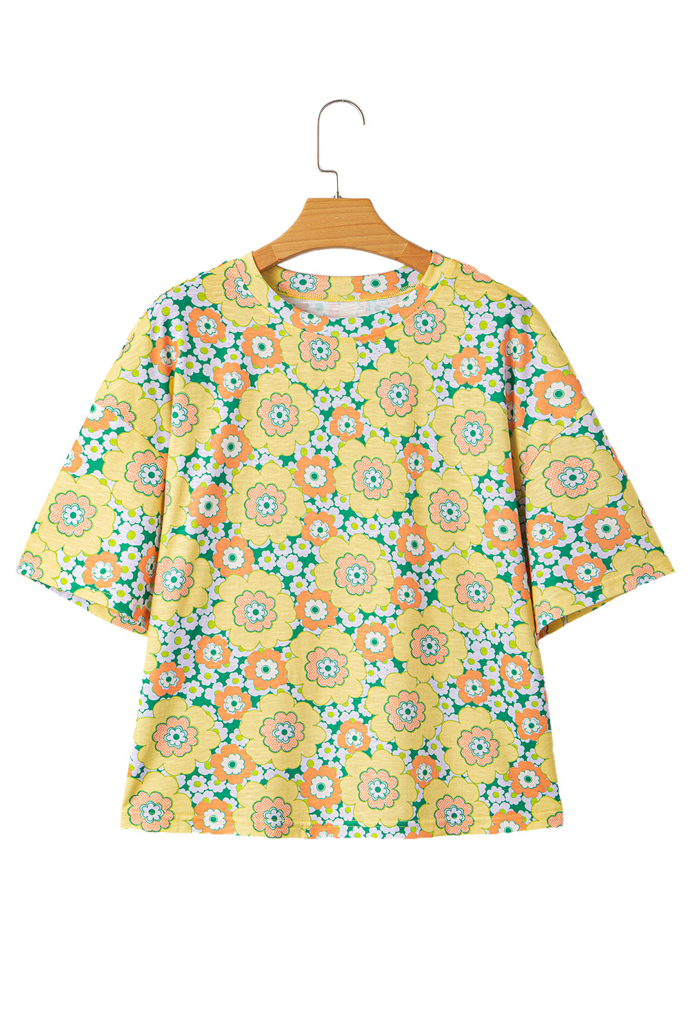 Yellow Summer Flower Printed Drop Shoulder Loose T Shirt-Tops/Tops & Tees-[Adult]-[Female]-2022 Online Blue Zone Planet