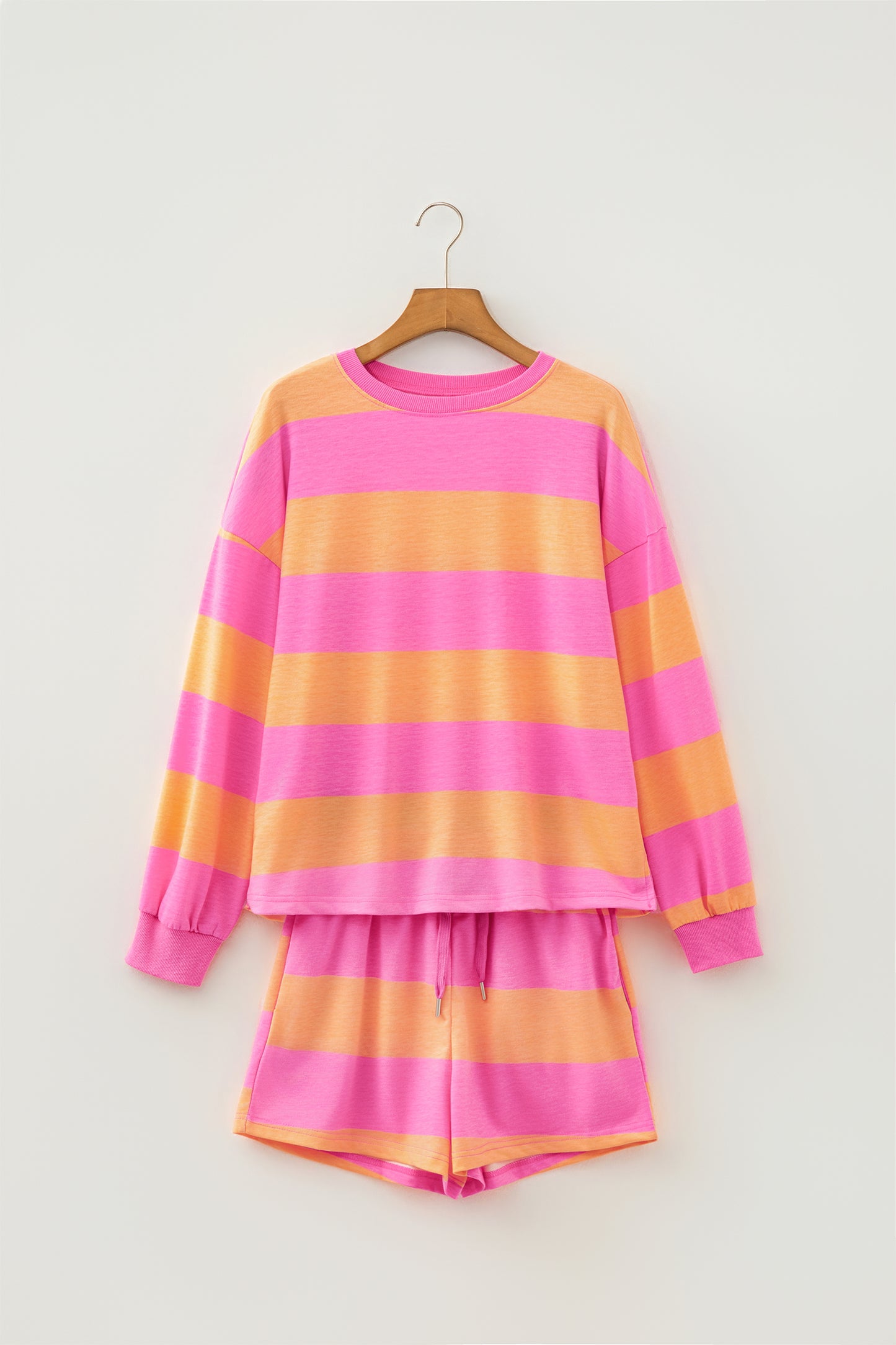 Pink Stripe Long Sleeve Casual Top Drawstring Shorts 2pcs Set-Two Piece Sets/Short Sets-[Adult]-[Female]-2022 Online Blue Zone Planet