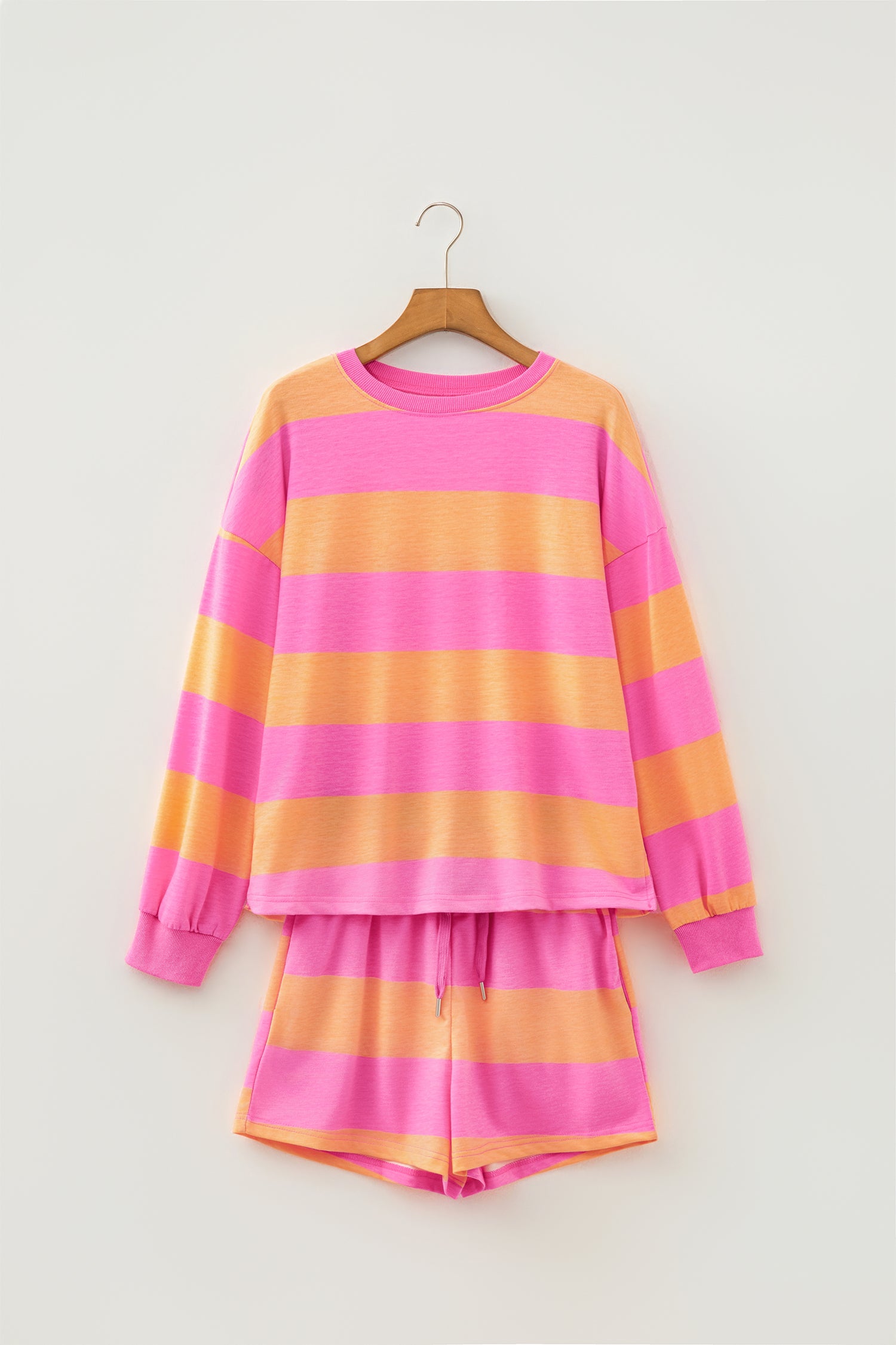 Pink Stripe Long Sleeve Casual Top Drawstring Shorts 2pcs Set-Two Piece Sets/Short Sets-[Adult]-[Female]-2022 Online Blue Zone Planet