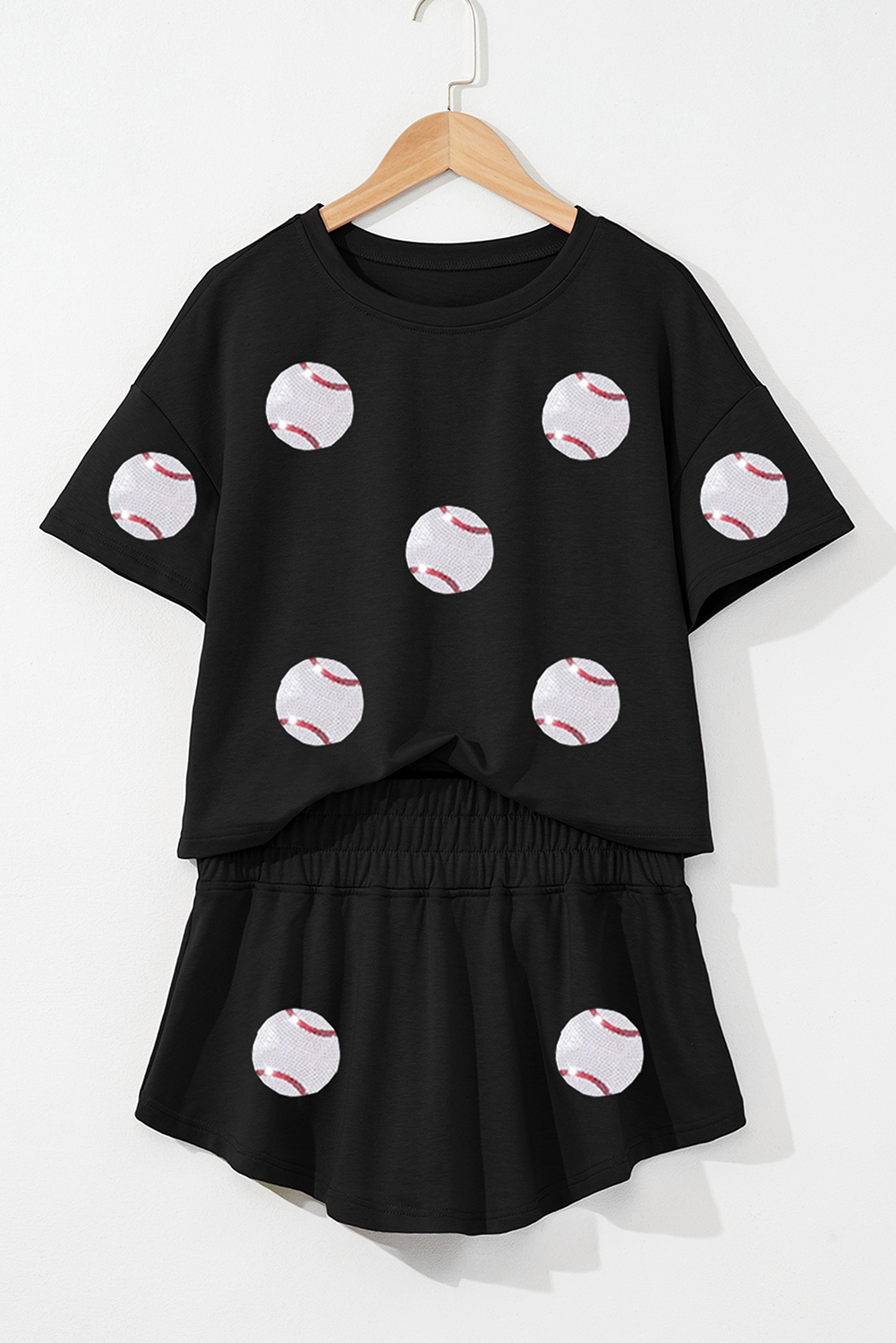 Black Baseball Print Skort Set-Graphic/Graphic Sets-[Adult]-[Female]-2022 Online Blue Zone Planet