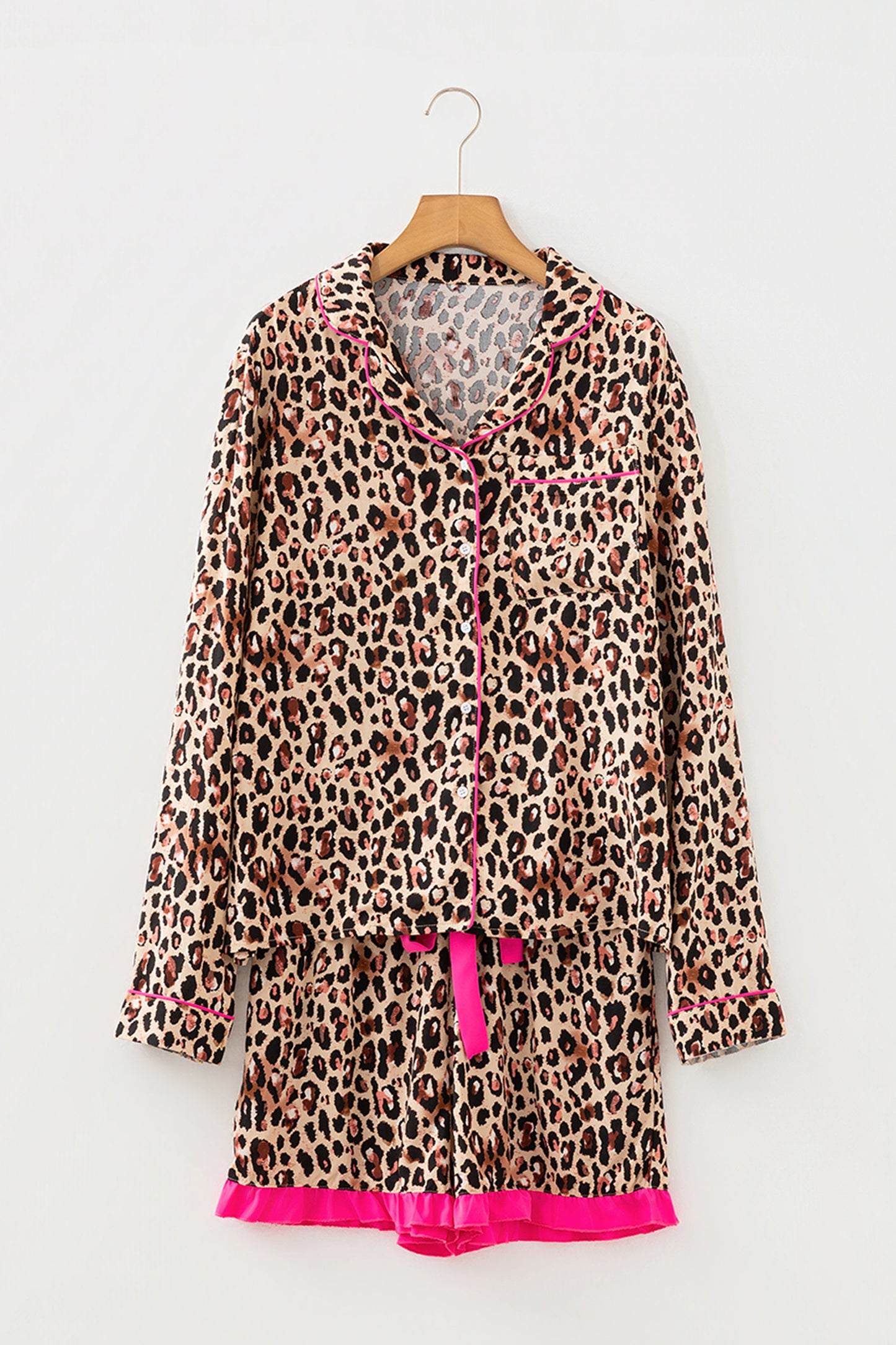 Light French Beige Leopard Print Contrast Trim Long Sleeve Shirt Drawstring Ruffle Hem Short Set-Two Piece Sets/Short Sets-[Adult]-[Female]-2022 Online Blue Zone Planet