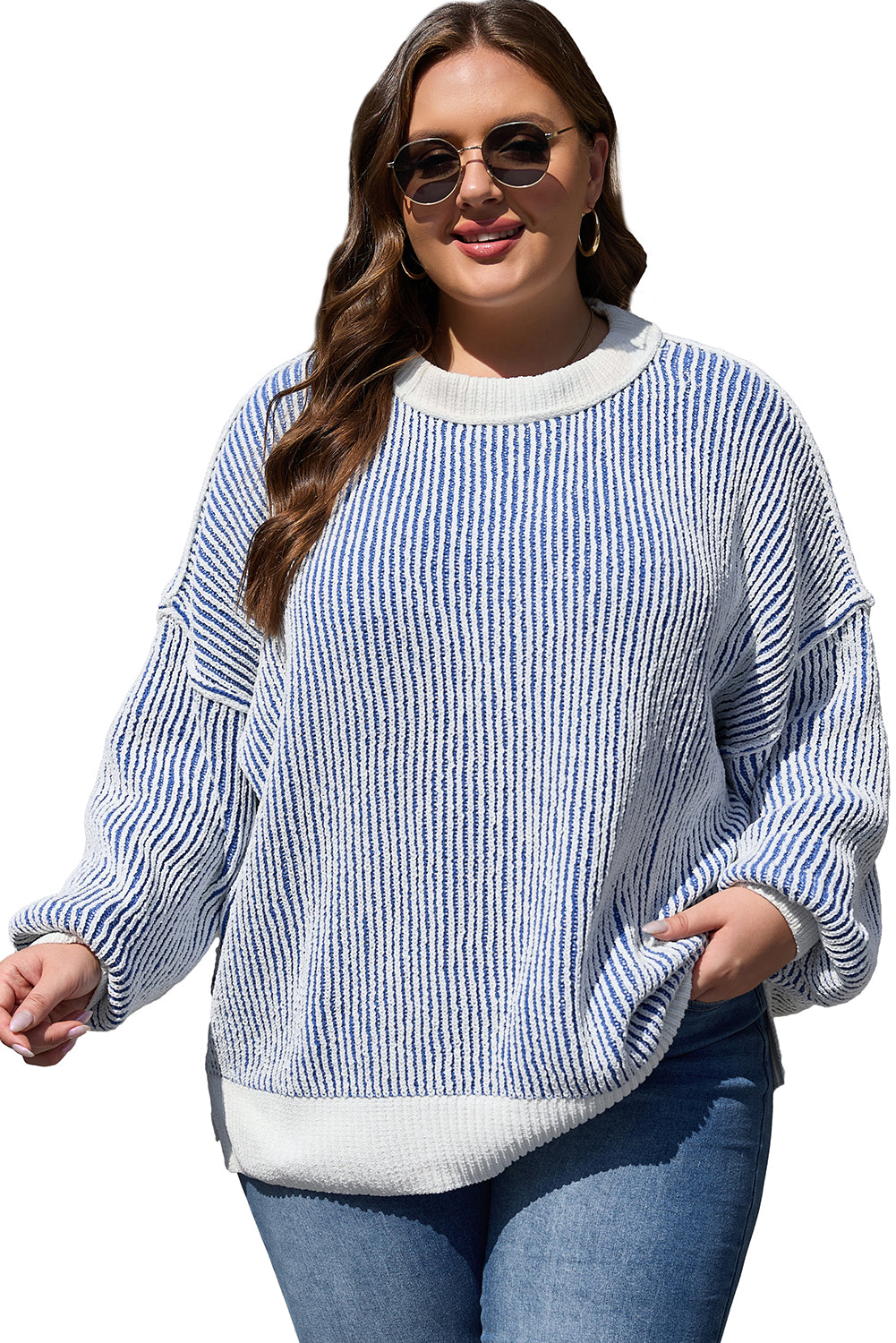 Blue Zone Planet | Bright Pink Striped Textured Knit Contrast Edge Loose Sweater-Sweaters & Cardigans/Sweaters-[Adult]-[Female]-2022 Online Blue Zone Planet