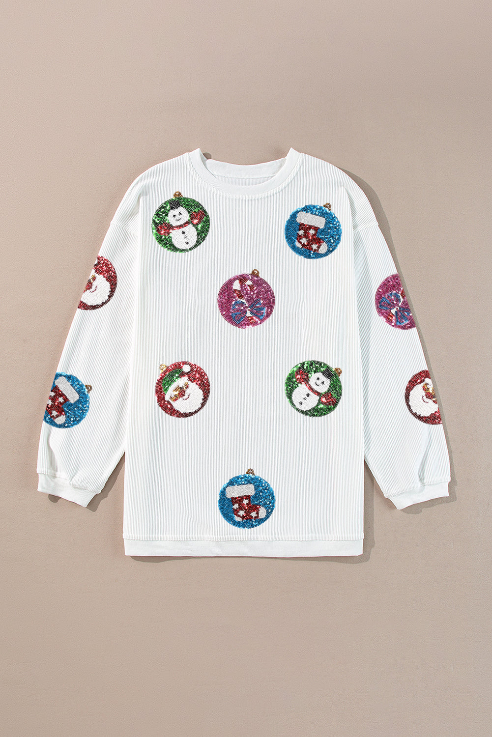 White Colorful Sequin Christmas Light Corded Baggy Sweatshirt-Graphic Sweatshirts-[Adult]-[Female]-2022 Online Blue Zone Planet