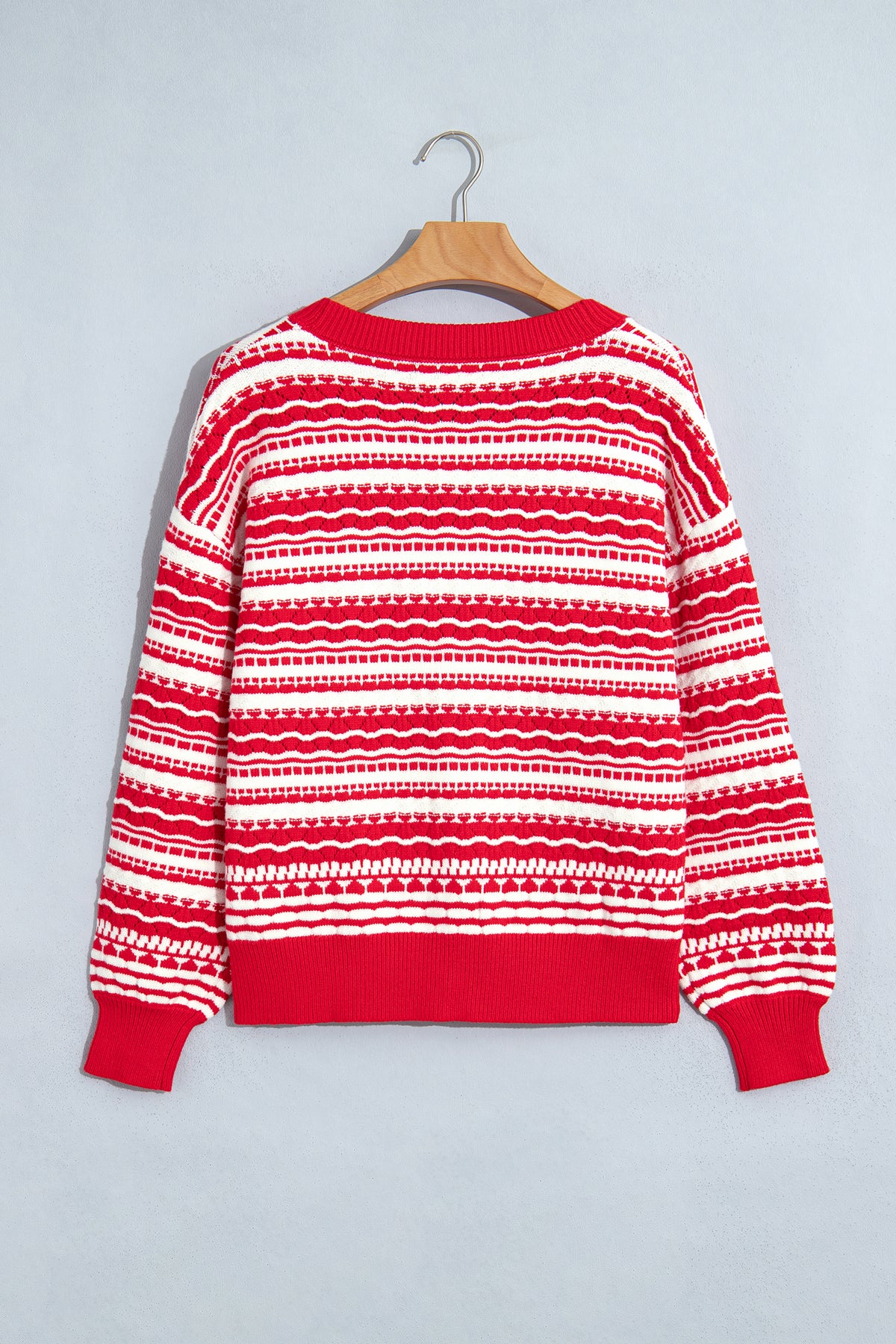 Red Geometric Striped Pattern V Neck Button Front Casual Knit Cardigan-Sweaters & Cardigans/Cardigans-[Adult]-[Female]-2022 Online Blue Zone Planet