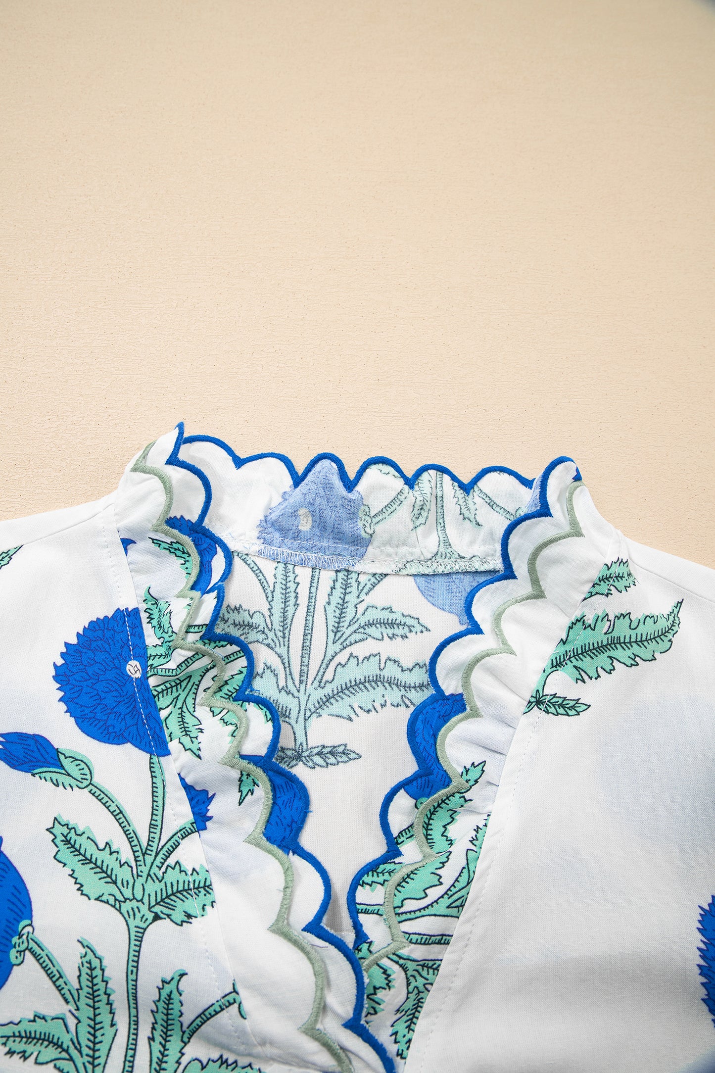 Blue Wild Flower Print Contrast Trim Scallop Detail Short Sleeve Blouse-Tops/Blouses & Shirts-[Adult]-[Female]-2022 Online Blue Zone Planet