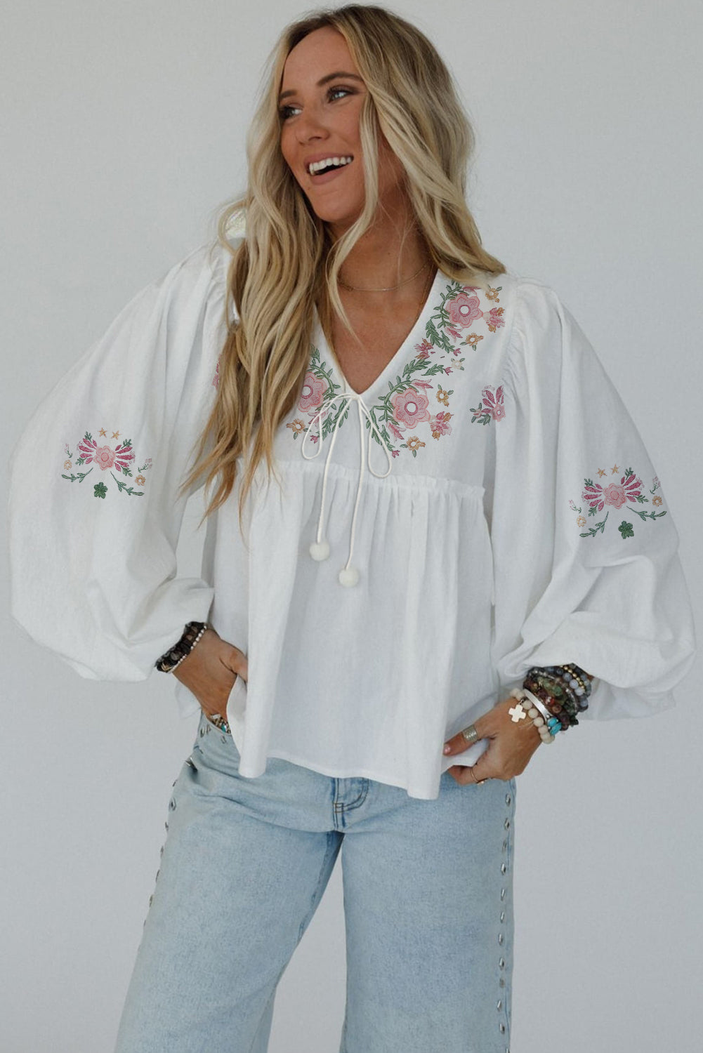 White Flower Lace-Up V Neck Babydoll Blouse-Tops/Blouses & Shirts-[Adult]-[Female]-2022 Online Blue Zone Planet