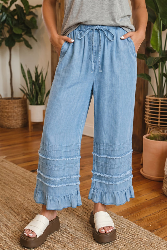 Beau Blue Ruffled Hem Wide Leg Chambray Pants-Bottoms/Jeans-[Adult]-[Female]-Beau Blue-4-2022 Online Blue Zone Planet