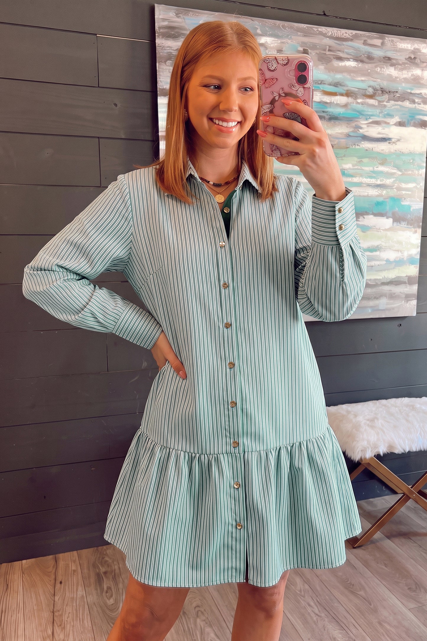 Green Stripe Striped Shift Long Sleeve Dress