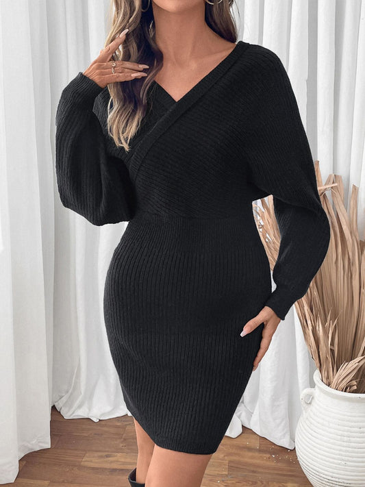 Blue Zone Planet | Perfee Surplice Long Sleeve Sweater Dress-TOPS / DRESSES-[Adult]-[Female]-Black-S-2022 Online Blue Zone Planet