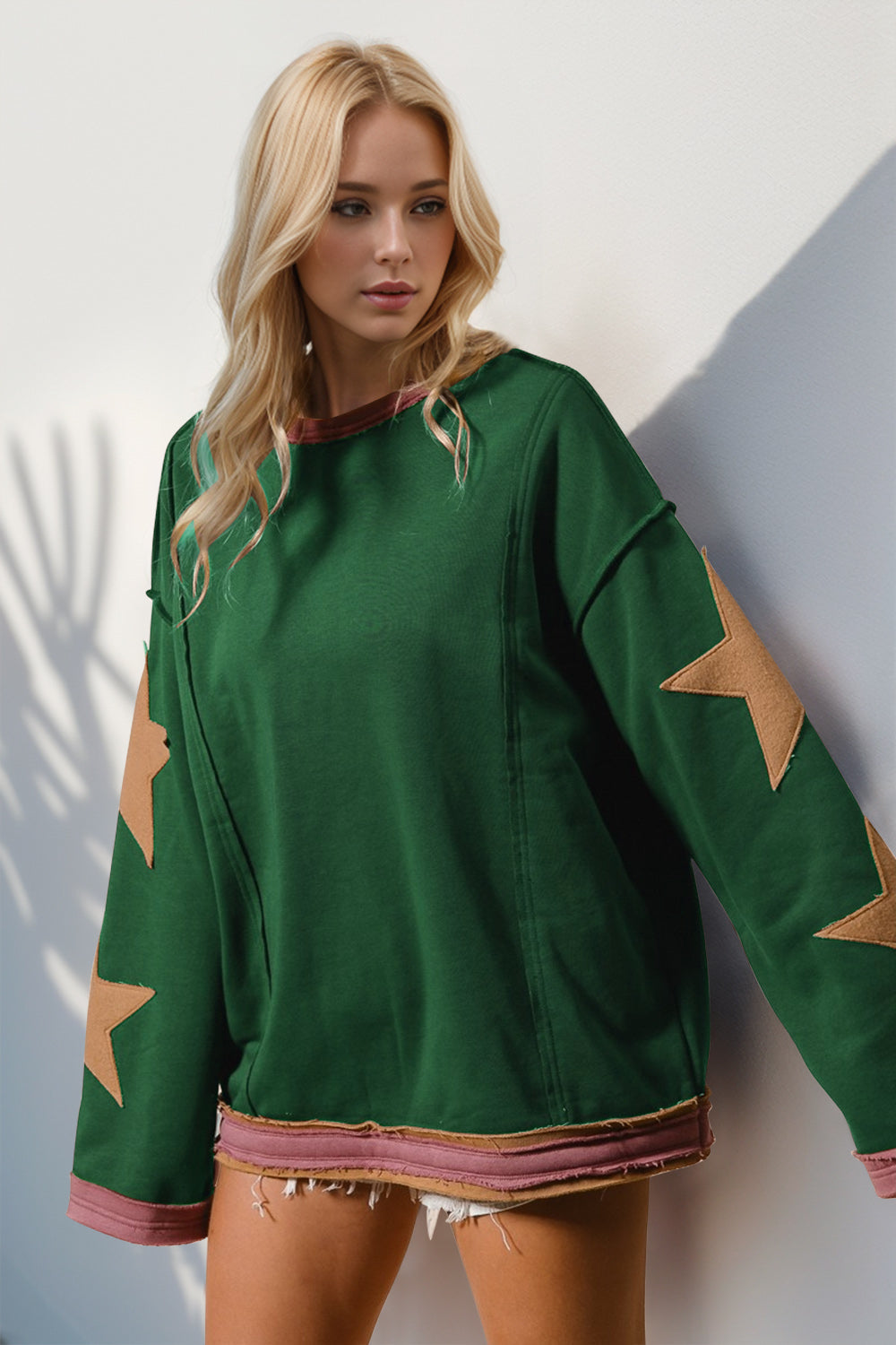 Blue Zone Planet | Double Take Star Patched Long Sleeve Sweatshirt-TOPS / DRESSES-[Adult]-[Female]-Dark Green-S-2022 Online Blue Zone Planet