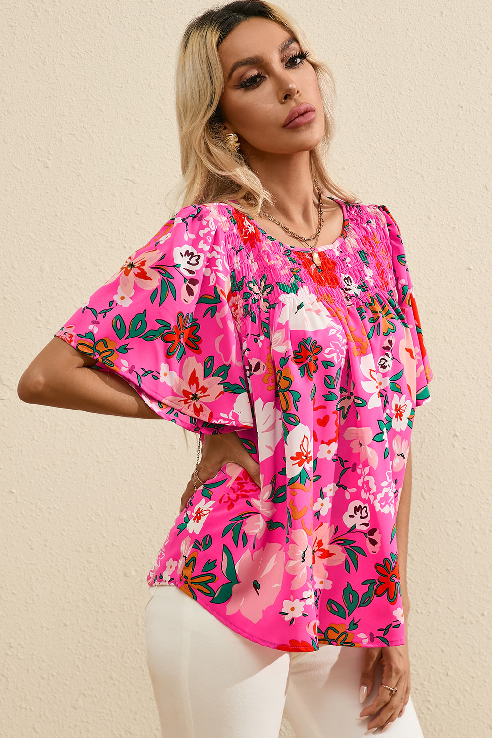 Pink Floral Short Sleeve Smocked Blouse-Tops/Blouses & Shirts-[Adult]-[Female]-2022 Online Blue Zone Planet
