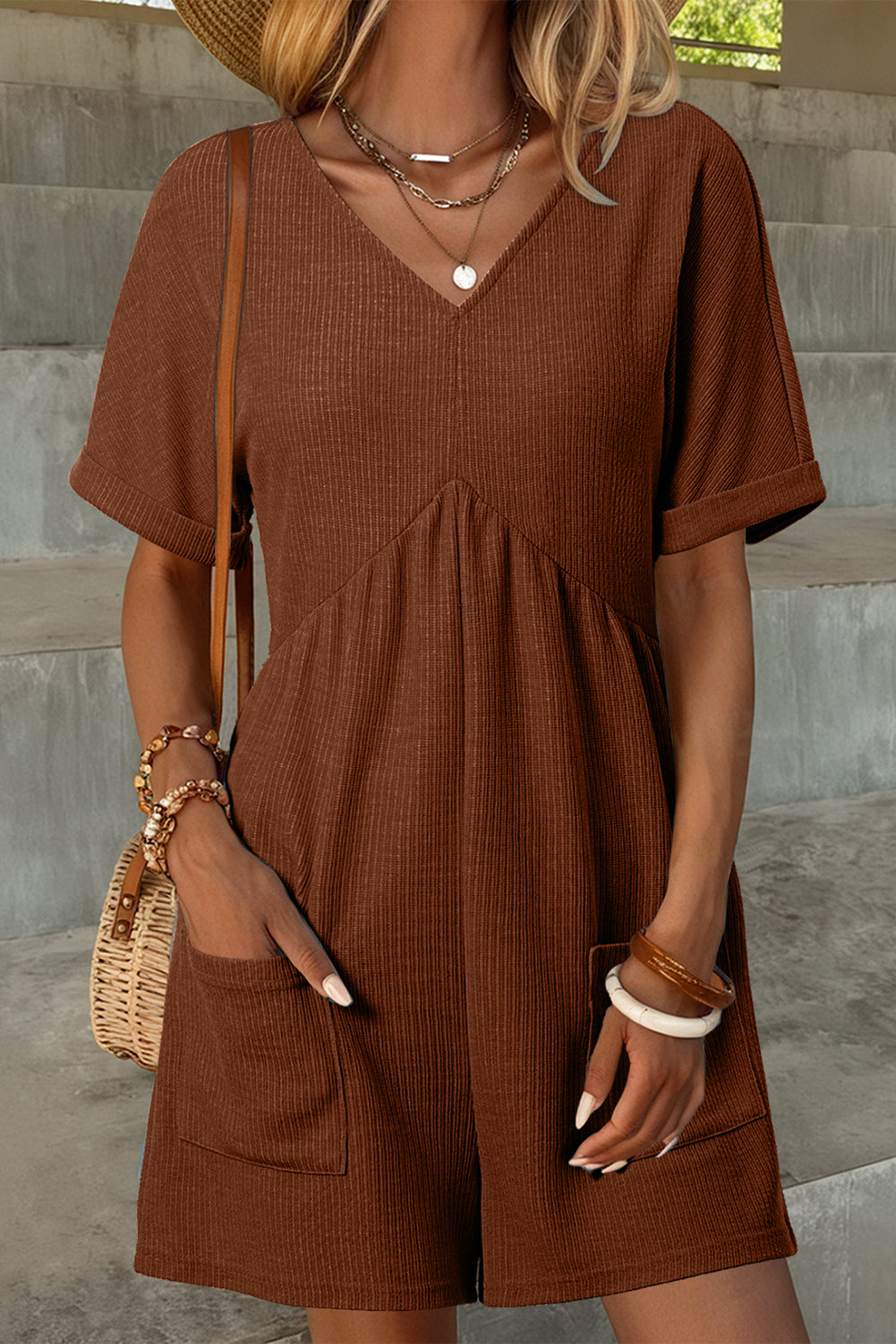Coffee Solid Color Knit V Neck Zipped Loose Romper-Bottoms/Jumpsuits & Rompers-[Adult]-[Female]-Coffee-S-2022 Online Blue Zone Planet