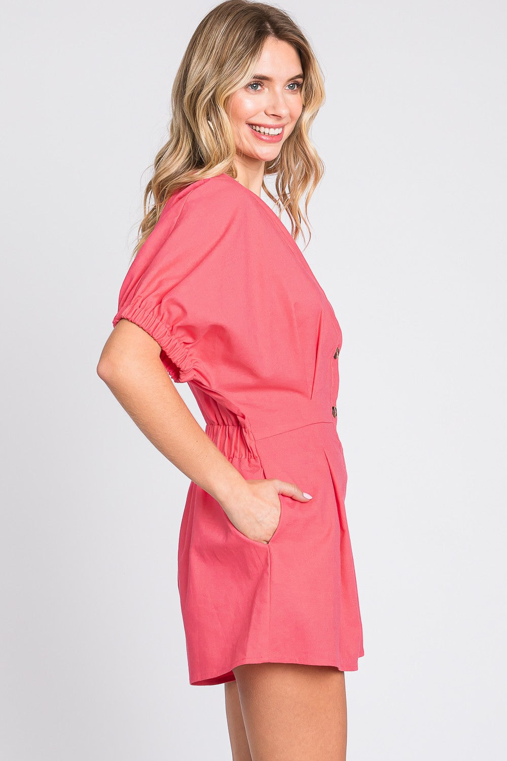 GeeGee Half Button V-Neck Linen Romper-TOPS / DRESSES-[Adult]-[Female]-2022 Online Blue Zone Planet