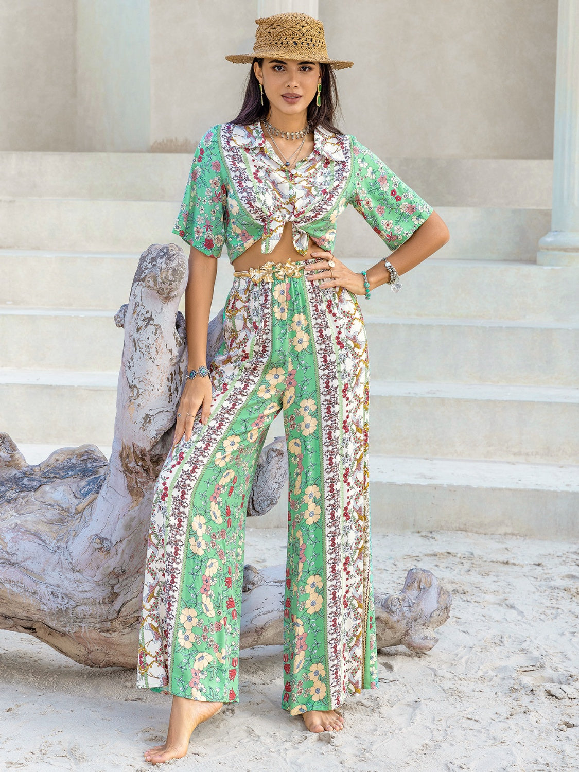 Printed Half Sleeve Top and Wide Leg Pants Set-TOPS / DRESSES-[Adult]-[Female]-2022 Online Blue Zone Planet