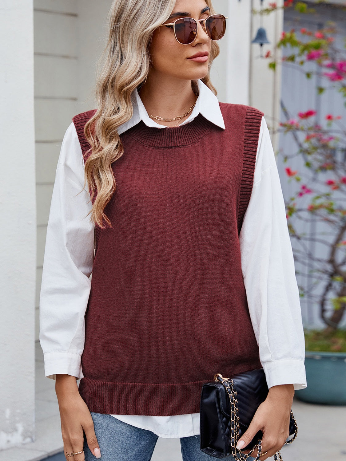 Buttoned Round Neck Sweater Vest-TOPS / DRESSES-[Adult]-[Female]-2022 Online Blue Zone Planet