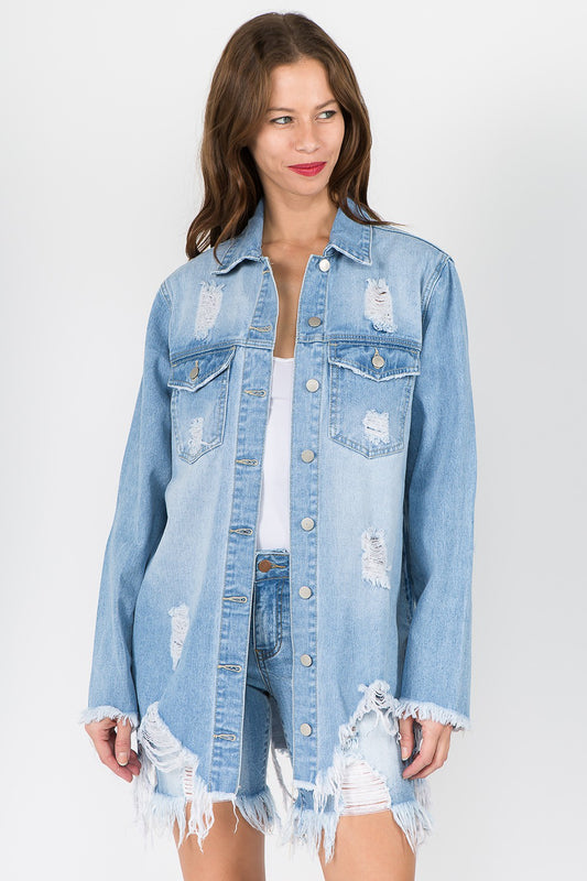 American Bazi Distressed Frayed Hem Denim Jacket-TOPS / DRESSES-[Adult]-[Female]-LT Blue-S-2022 Online Blue Zone Planet