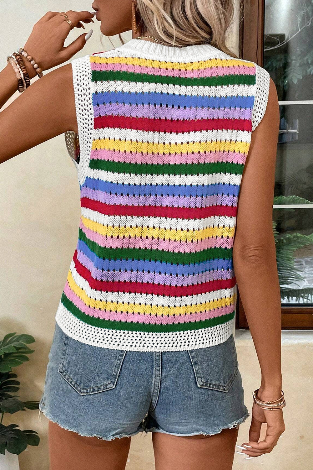 Multicolour Striped Knitted Eyelet Slim Sweater Vest-Sweaters & Cardigans/Sweater Vests-[Adult]-[Female]-2022 Online Blue Zone Planet