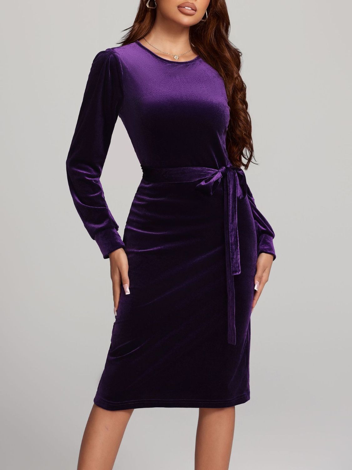 Blue Zone Planet | Round Neck Tie Waist Long Sleeve Velvet Dress-TOPS / DRESSES-[Adult]-[Female]-2022 Online Blue Zone Planet