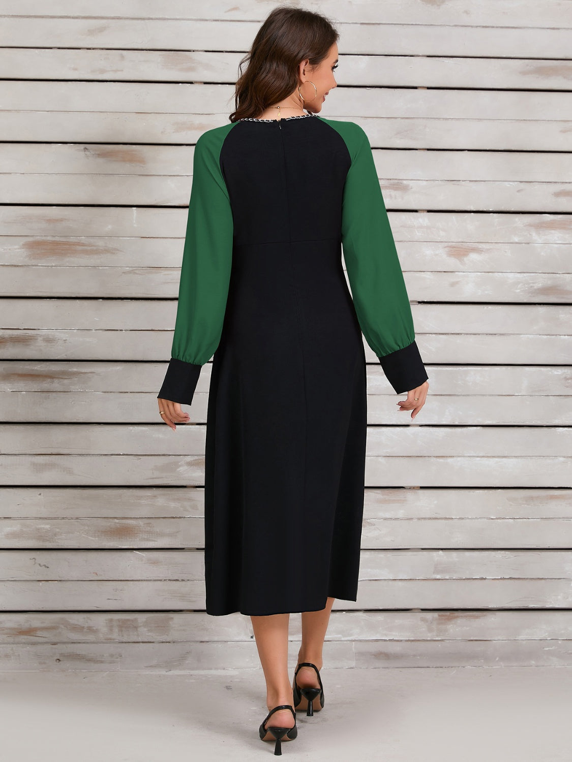 Ruched Contrast Long Sleeve Midi Dress-TOPS / DRESSES-[Adult]-[Female]-2022 Online Blue Zone Planet