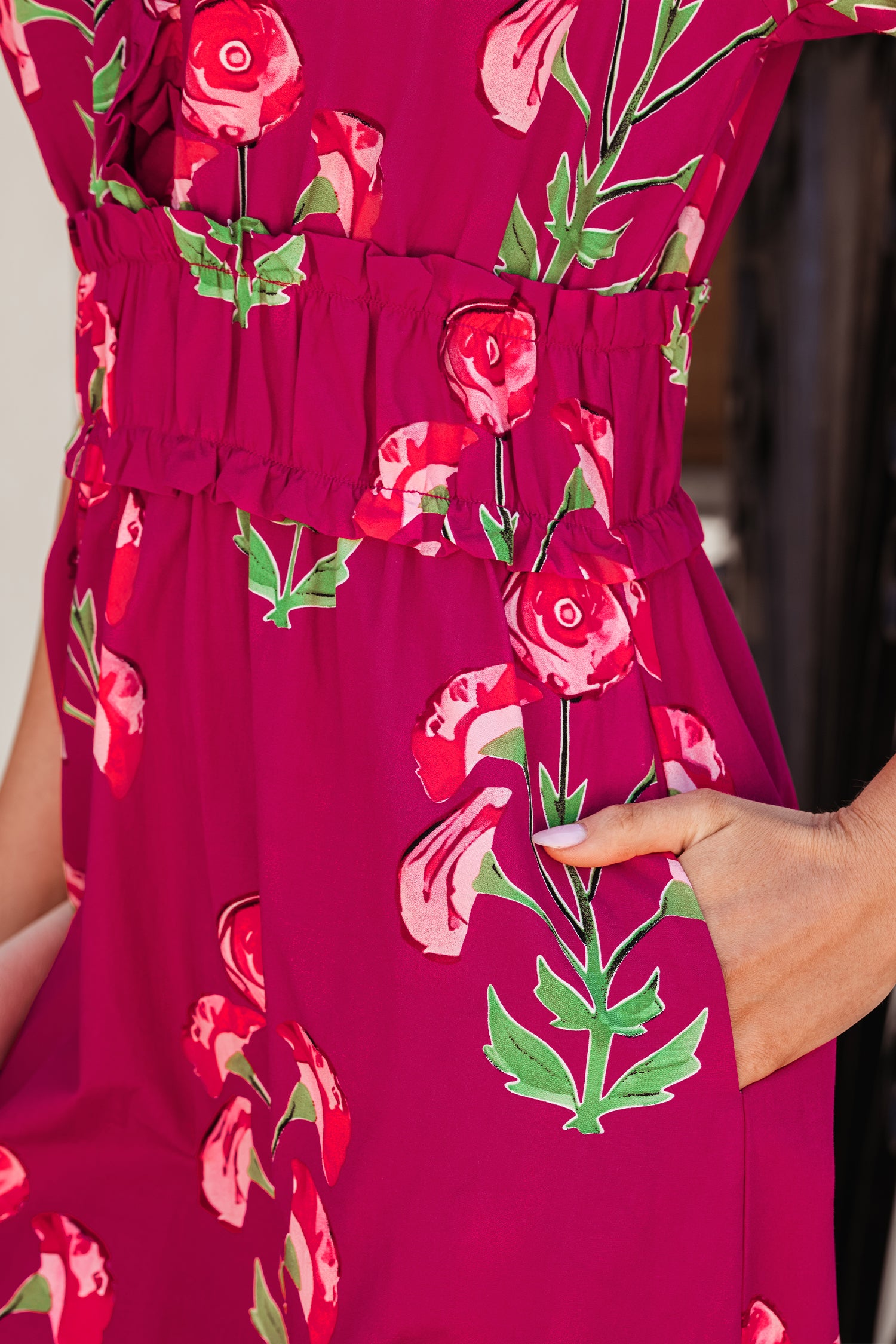 Red Floral Print Frilled V Neck Short Sleeve Ruffle Maxi Dress-TOPS / DRESSES-[Adult]-[Female]-2022 Online Blue Zone Planet