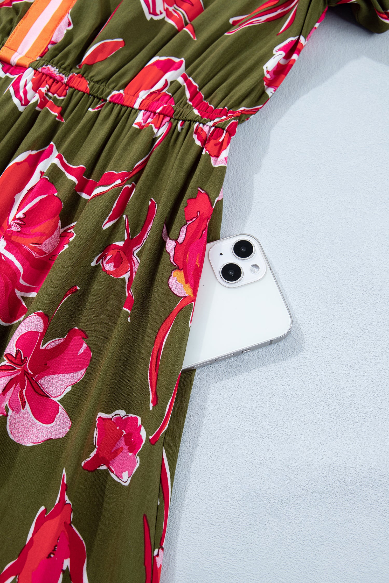 Green Floral Print Striped Trim Split Neck Short Puff Sleeve Ruffle Hem Maxi Dress-Dresses/Maxi Dresses-[Adult]-[Female]-2022 Online Blue Zone Planet