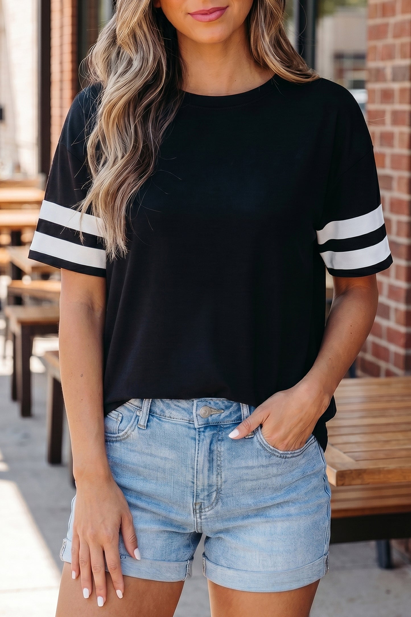 Dark Blue Varsity Striped Short Sleeve Crew Neck T Shirt-Tops/Tops & Tees-[Adult]-[Female]-2022 Online Blue Zone Planet