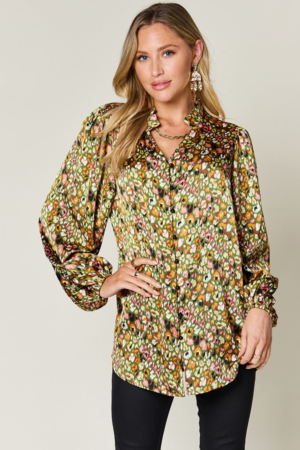 Blue Zone Planet | Double Take Full Size Printed Balloon Sleeve Shirt-TOPS / DRESSES-[Adult]-[Female]-Matcha Green-S-2022 Online Blue Zone Planet