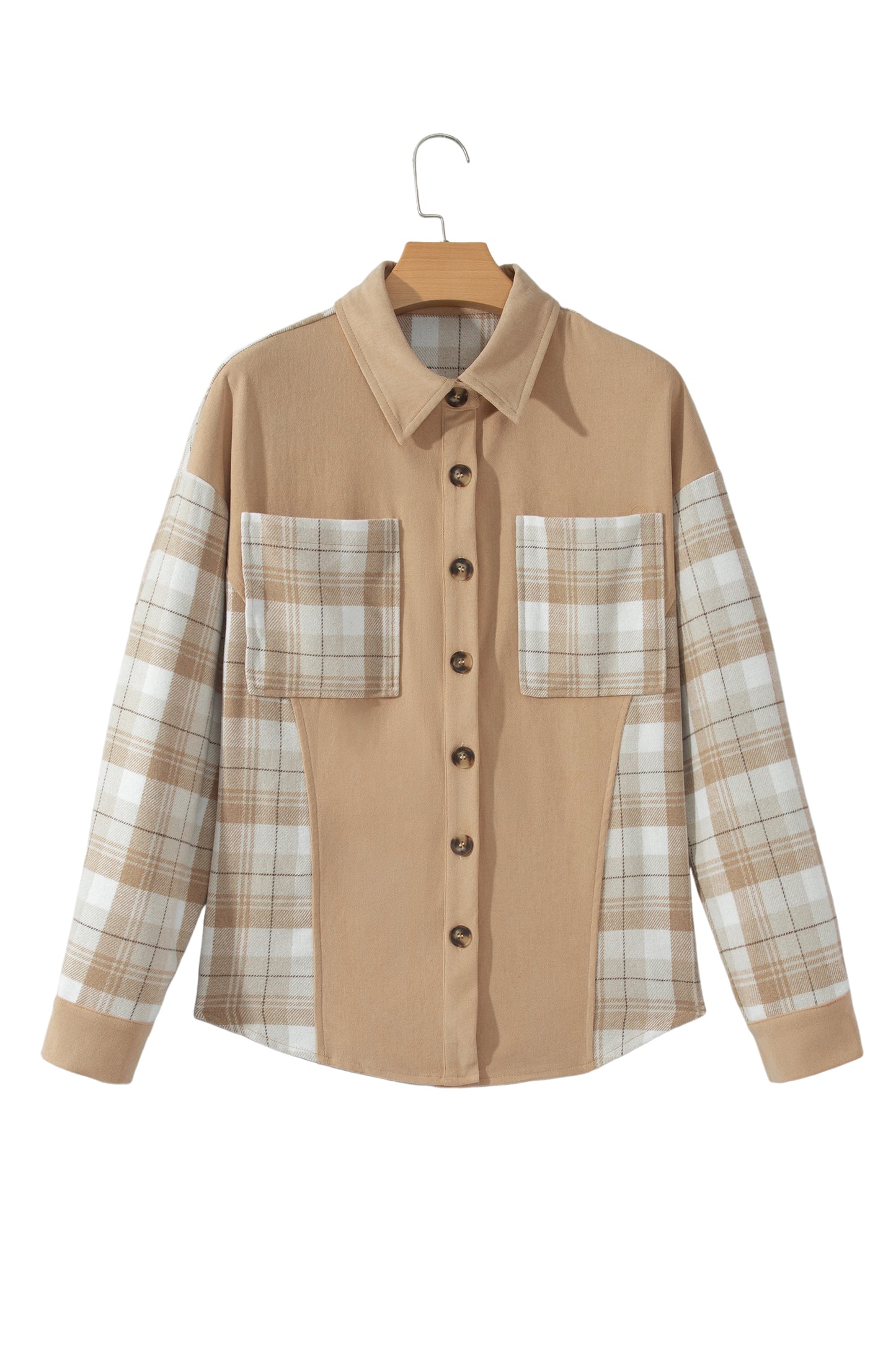 Light French Beige Plaid Colorblock Shirt Collar Shift Shacket-Outerwear/Jackets-[Adult]-[Female]-2022 Online Blue Zone Planet