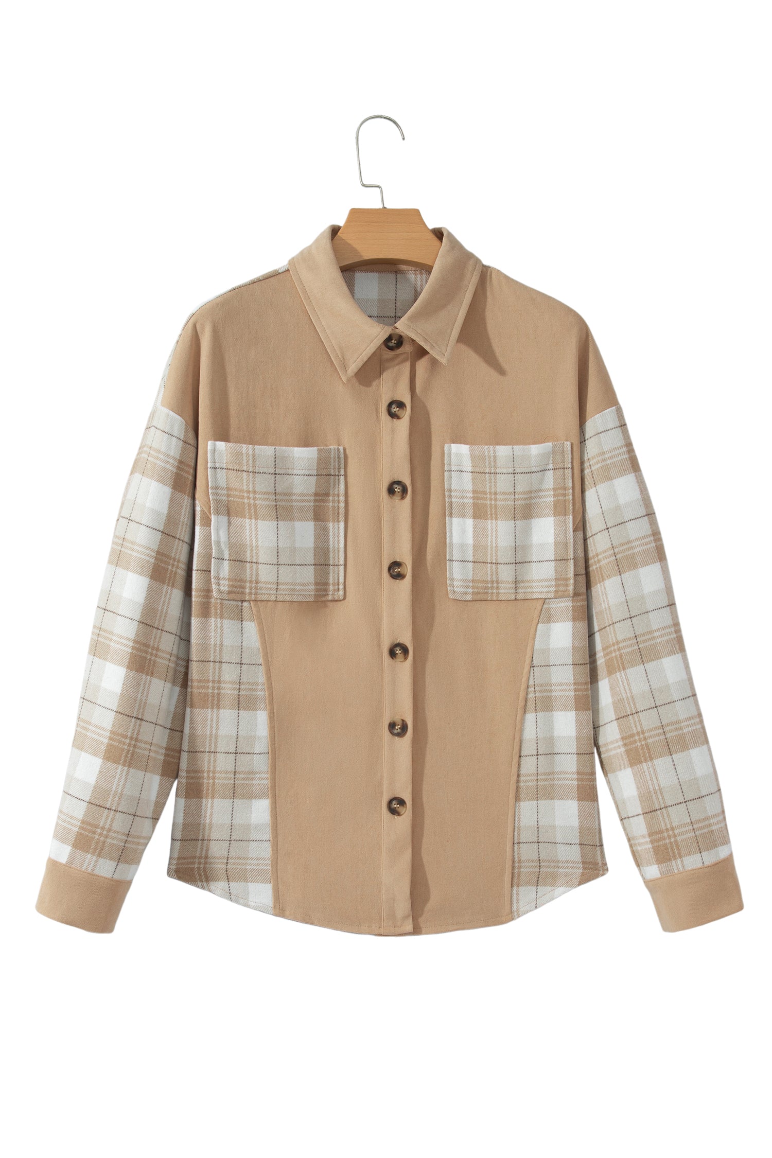 Light French Beige Plaid Colorblock Shirt Collar Shift Shacket-Outerwear/Jackets-[Adult]-[Female]-2022 Online Blue Zone Planet