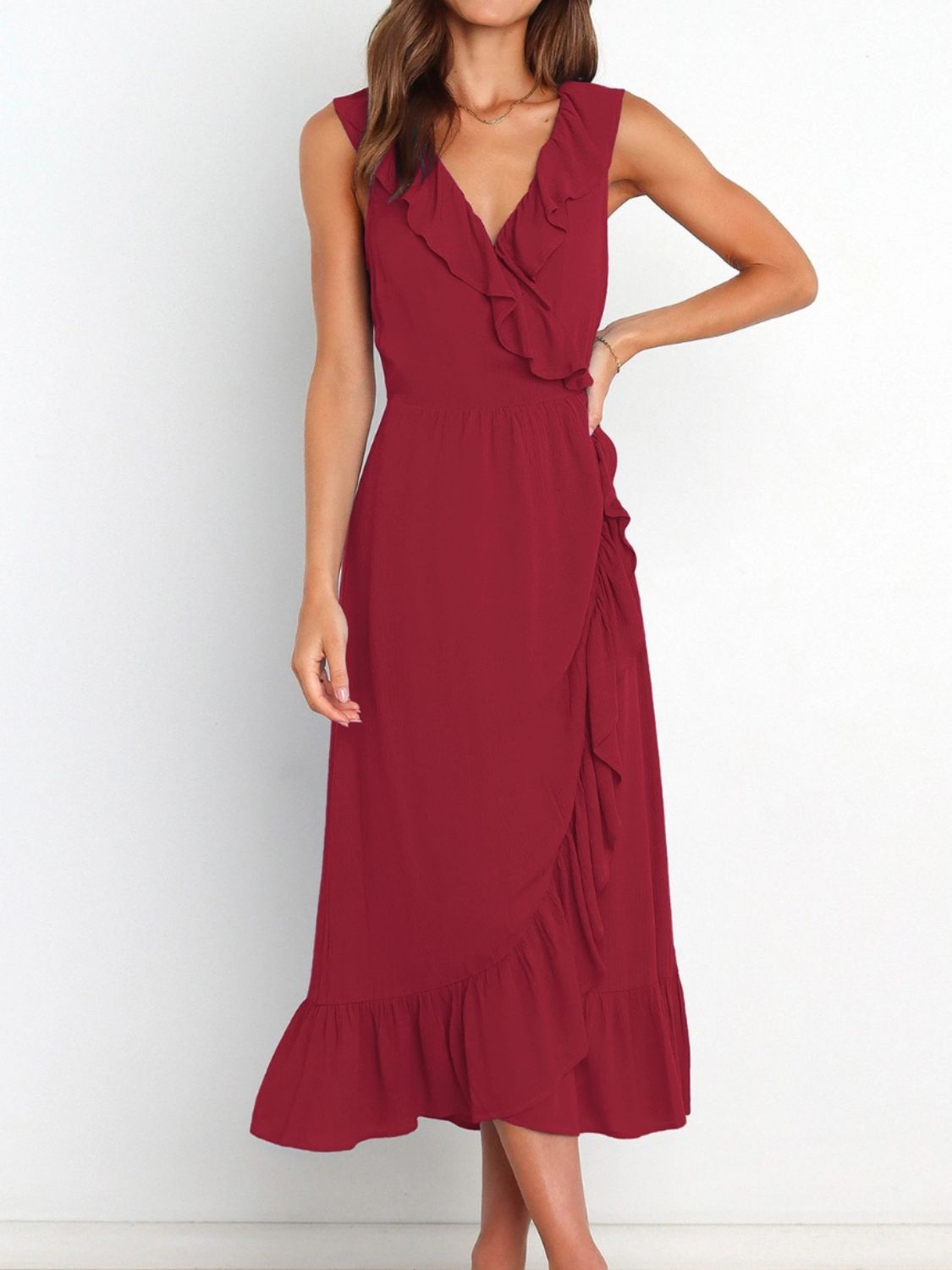 Ruffled Surplice Sleeveless Midi Dress-TOPS / DRESSES-[Adult]-[Female]-Burgundy-S-2022 Online Blue Zone Planet